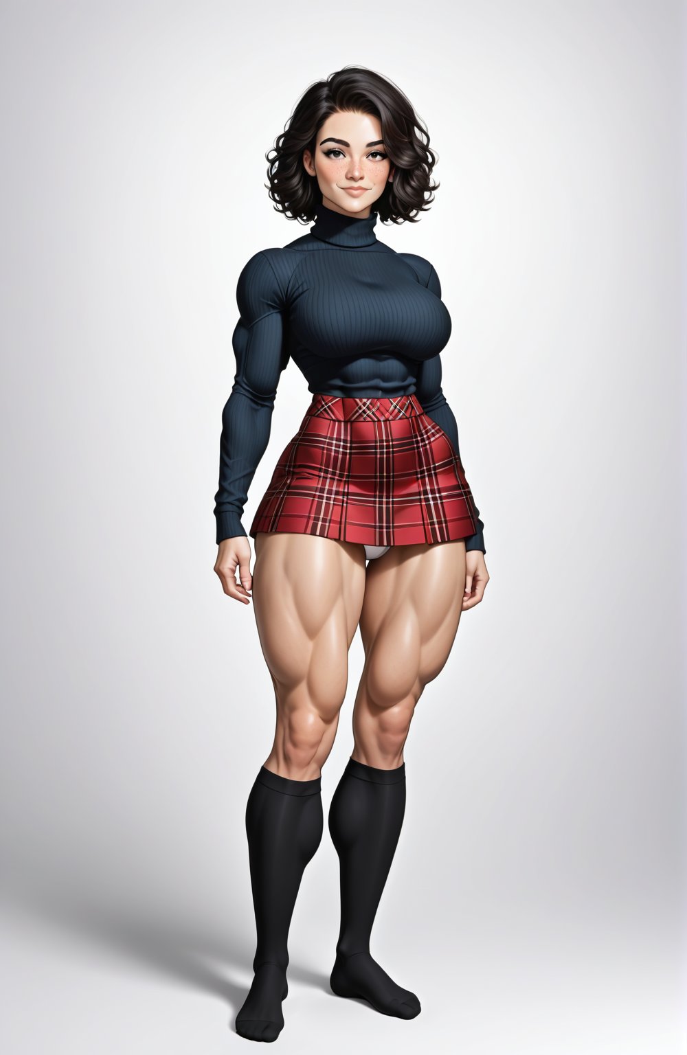 beautiful toned woman, perfect hourglass muscle body, longsleeve turtleneck sweater, plaid skirt, thigh high socks, busty, big hentai breasts, nice ass, female muscle, dreamymuscle, beautiful face, long black hair, missveins, vascular, thick dark veins, toned muscular arms, thick muscular legs with big quadriceps, low body fat percentage, freckles, rosy blushed cheeks, feminine pelvis, female anatomy, female bone structure, perfect eyes, cheek dimples, stoic feminine posture, superior, elegance, erotic scene,