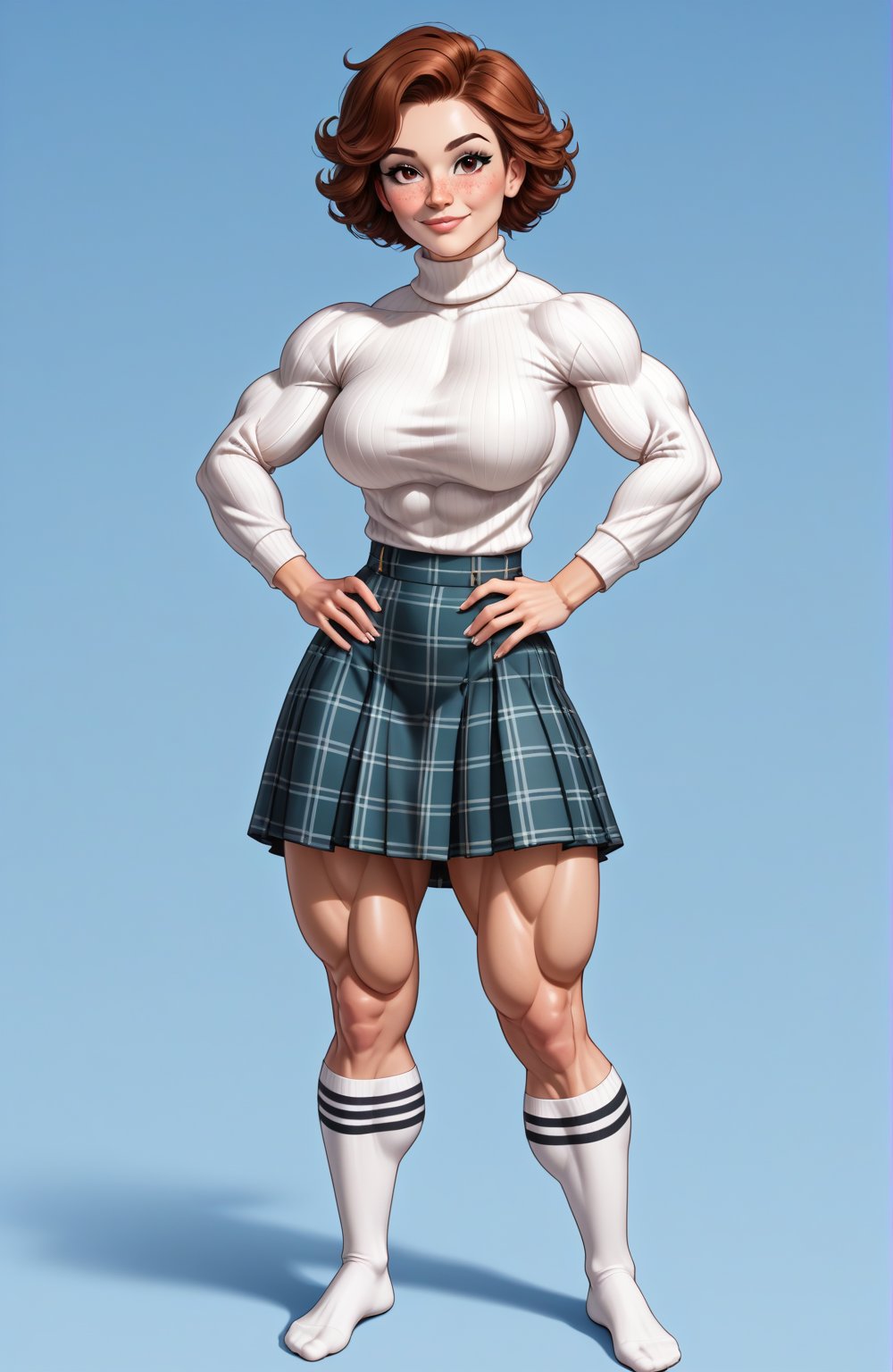 beautiful toned woman, perfect hourglass muscle body, longsleeve turtleneck sweater, plaid skirt, thigh high socks, busty, big hentai breasts, nice ass, missveins, vascular, thick dark veins, toned muscular arms, thick muscular legs, big quadriceps, female muscle, dreamymuscle, low body fat percentage, beautiful face, smart black hair, freckles, rosy blushed cheeks, feminine pelvis, female anatomy, female bone structure, perfect eyes, soft pristine skin, cheek dimples, standing stoically, hands on hips, superior, elegance, erotic scene