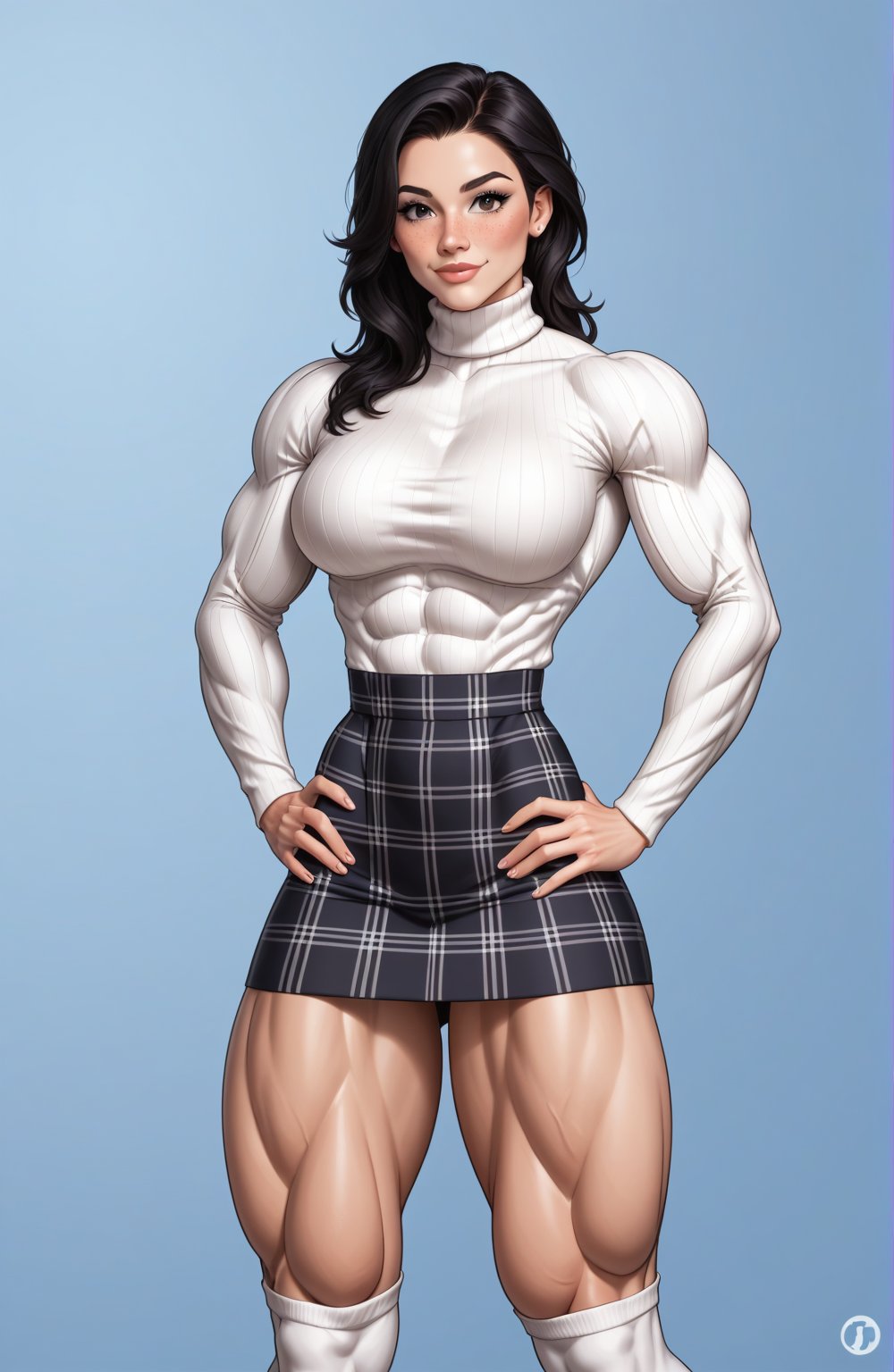 beautiful toned woman, perfect hourglass muscle body, longsleeve turtleneck sweater, plaid skirt, thigh high socks, busty, big hentai breasts, nice ass, missveins, vascular, thick dark veins, toned muscular arms, beefy muscular legs, defined veiny quadriceps, female muscle, dreamymuscle, low body fat percentage, beautiful face, smart black hair, freckles, rosy blushed cheeks, feminine pelvis, female anatomy, female bone structure, perfect eyes, soft pristine skin, cheek dimples, standing stoically, hands on hips, superior, elegance, erotic scene