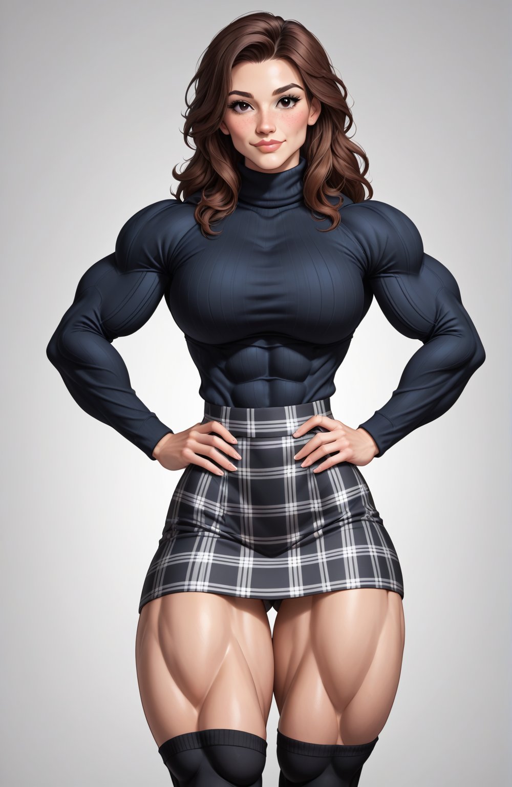 beautiful toned woman, perfect hourglass muscle body, longsleeve turtleneck sweater, plaid skirt, thigh high socks, busty, big hentai breasts, nice ass, female muscle, dreamymuscle, beautiful face, black fringe hair, missveins, vascular, thick dark veins, toned muscular arms, thick muscular legs with big quadriceps, low body fat percentage, freckles, rosy blushed cheeks, feminine pelvis, female anatomy, female bone structure, perfect eyes, soft pristine skin, cheek dimples, standing stoically, hands on hips, superior, elegance, erotic scene