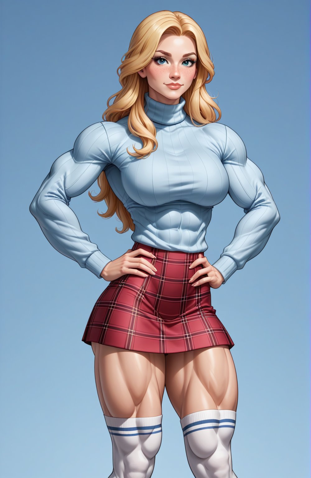 beautiful toned woman, perfect hourglass muscle body, longsleeve turtleneck sweater, plaid skirt, thigh high socks, busty, big hentai breasts, nice ass, female muscle, dreamymuscle, beautiful face, long blonde hair, missveins, vascular, thick dark veins, toned muscular arms, thick muscular legs with big quadriceps, low body fat percentage, freckles, rosy blushed cheeks, feminine pelvis, female anatomy, female bone structure, perfect eyes, soft pristine skin, cheek dimples, standing stoically, hands on hips, superior, elegance, erotic scene