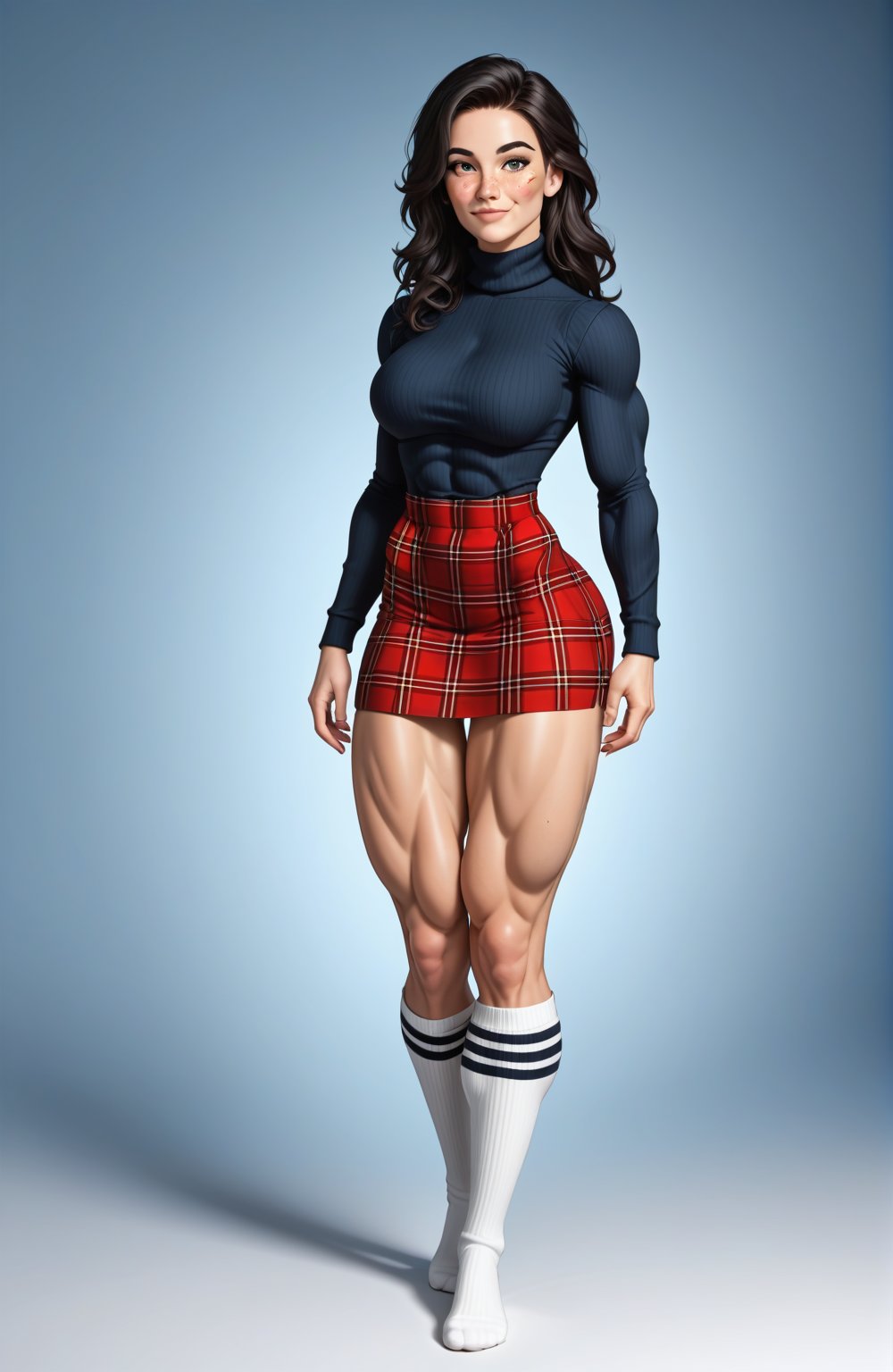 beautiful toned girl, perfect hourglass muscle body, longsleeve turtleneck sweater, plaid skirt, thigh high socks, busty, big hentai breasts, nice ass, missveins, vascular, thick dark veins, muscular arms, muscular legs, defined quadriceps, female muscle, dreamymuscle, low body fat percentage, beautiful face, smart black hair, freckles, rosy blushed cheeks, feminine pelvis, female anatomy, female bone structure, perfect eyes, soft pristine skin, cheek dimples, superior, elegance, erotic scene