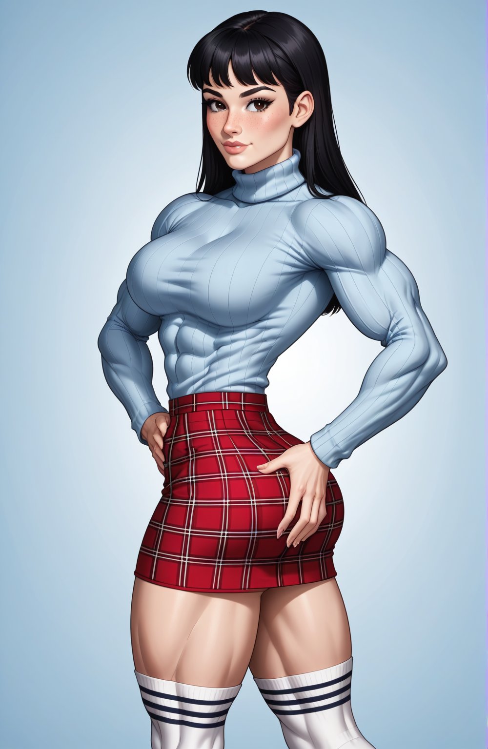 beautiful toned woman, perfect hourglass muscle body, longsleeve turtleneck sweater, plaid skirt, thigh high socks, busty, big hentai breasts, nice ass, female muscle, dreamymuscle, beautiful face, longe black hair with fringe, missveins, vascular, thick dark veins, toned muscular arms, thick muscular legs with big quadriceps, low body fat percentage, freckles, rosy blushed cheeks, feminine pelvis, female anatomy, female bone structure, perfect eyes, soft pristine skin, cheek dimples, standing stoically, hands on hips, superior, elegance, erotic scene