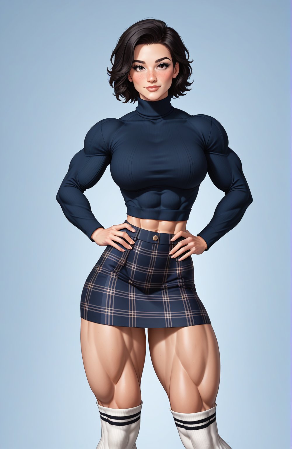 beautiful toned woman, perfect hourglass muscle body, longsleeve turtleneck sweater, plaid skirt, thigh high socks, busty, big hentai breasts, nice ass, missveins, vascular, thick dark veins, toned muscular arms, thick muscular legs, female muscle, dreamymuscle, low body fat percentage, beautiful face, smart black hair, freckles, rosy blushed cheeks, feminine pelvis, female anatomy, female bone structure, perfect eyes, soft pristine skin, cheek dimples, standing stoically, hands on hips, superior, elegance , erotic scene