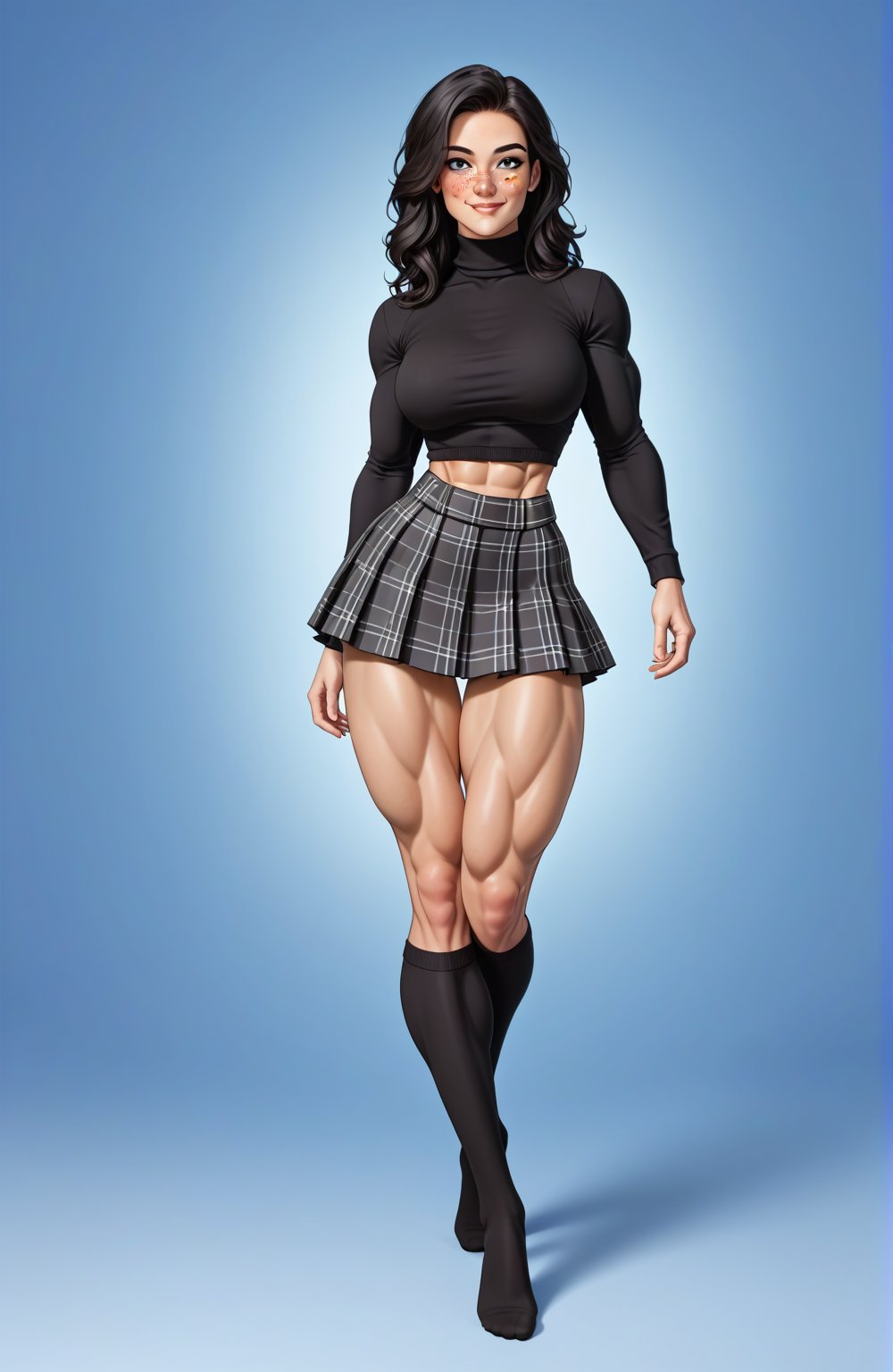 beautiful toned girl, perfect hourglass muscle body, longsleeve turtleneck sweater, plaid skirt, thigh high socks, busty, big hentai breasts, nice ass, missveins, vascular, thick dark veins, muscular arms, muscular legs, female muscle, dreamymuscle, low body fat percentage, beautiful face, smart black hair, freckles, rosy blushed cheeks, feminine pelvis, female anatomy, female bone structure, perfect eyes, soft pristine skin, cheek dimples, superior, elegance, erotic scene