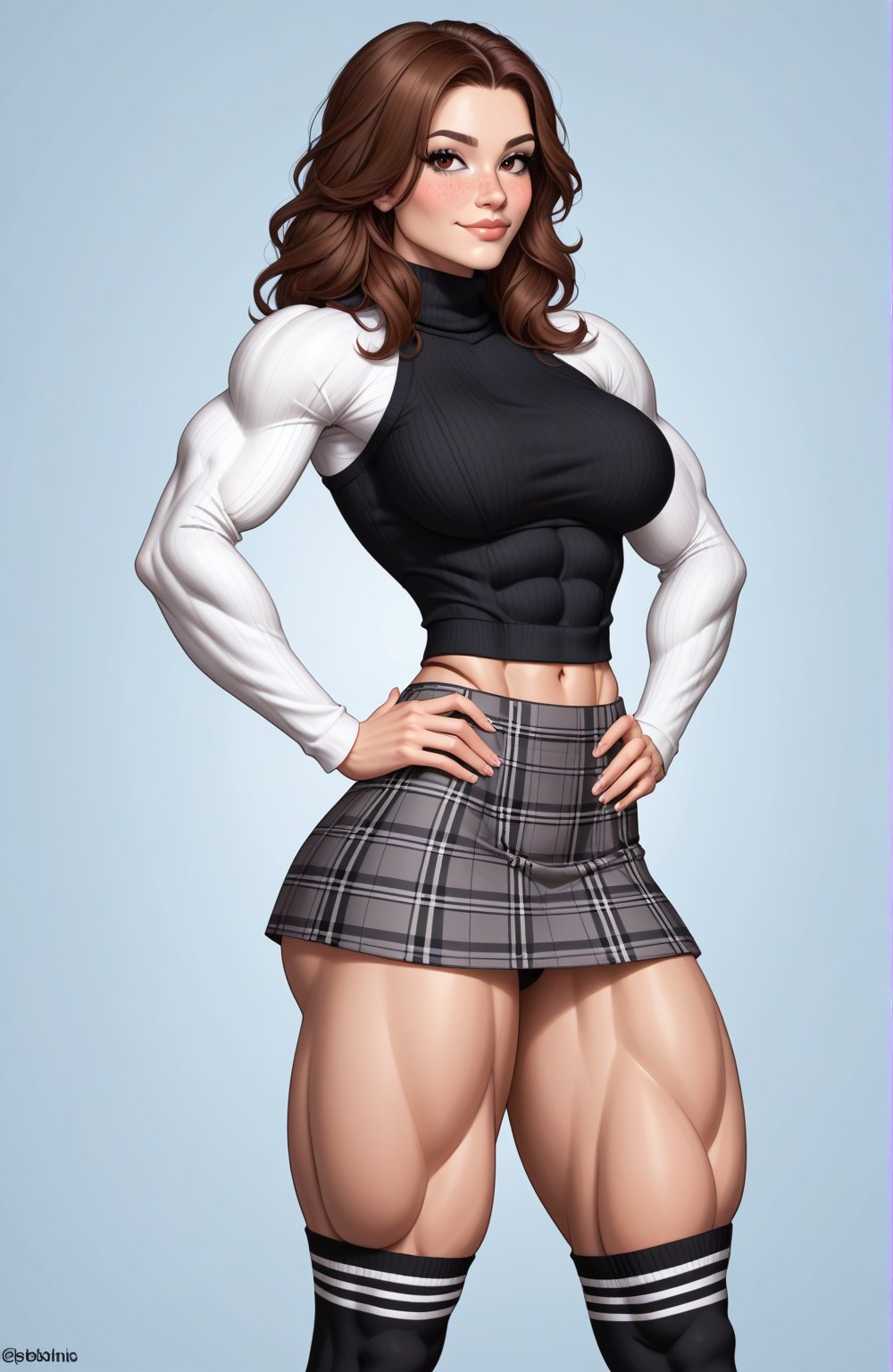 beautiful toned woman, perfect hourglass muscle body, longsleeve turtleneck sweater, plaid skirt, thigh high socks, busty, big hentai breasts, nice ass, missveins, vascular, thick dark veins, toned muscular arms, thick muscular legs with big quadriceps, female muscle, dreamymuscle, low body fat percentage, beautiful face, long smart black hair, freckles, rosy blushed cheeks, feminine pelvis, female anatomy, female bone structure, perfect eyes, soft pristine skin, cheek dimples, standing stoically, hands on hips, superior, elegance, erotic scene