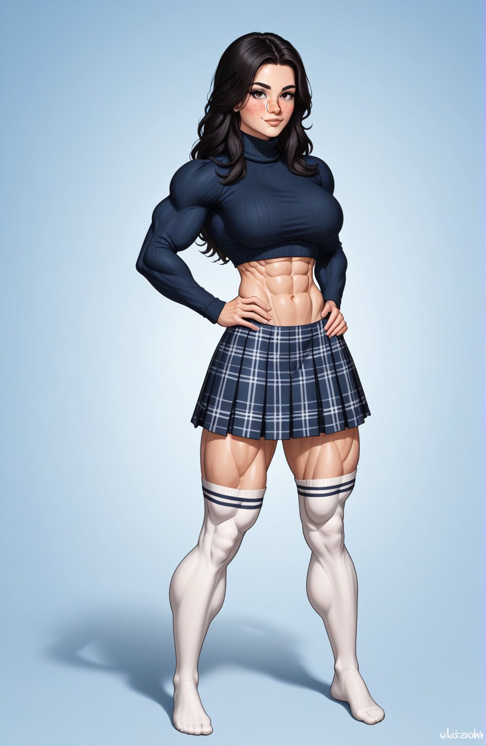 beautiful toned woman, perfect hourglass muscle body, longsleeve turtleneck sweater, plaid skirt, thigh high socks, busty, big hentai breasts, nice ass, female muscle, dreamymuscle, beautiful face, longe black hair with fringe, missveins, vascular, thick dark veins, toned muscular arms, thick muscular legs with big quadriceps, low body fat percentage, freckles, rosy blushed cheeks, feminine pelvis, female anatomy, female bone structure, perfect eyes, soft pristine skin, cheek dimples, standing stoically, hands on hips, superior, elegance, erotic scene