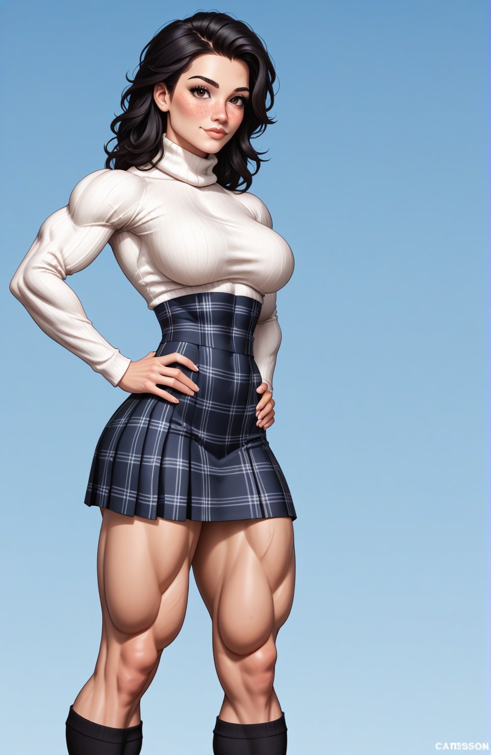 beautiful toned woman, perfect hourglass muscle body, longsleeve turtleneck sweater, plaid skirt, thigh high socks, busty, big hentai breasts, nice ass, missveins, vascular, thick dark veins, toned muscular arms, thick muscular legs with big quadriceps, female muscle, dreamymuscle, low body fat percentage, beautiful face, black hair, freckles, rosy blushed cheeks, feminine pelvis, female anatomy, female bone structure, perfect eyes, soft pristine skin, cheek dimples, standing stoically, hands on hips, superior, elegance, erotic scene