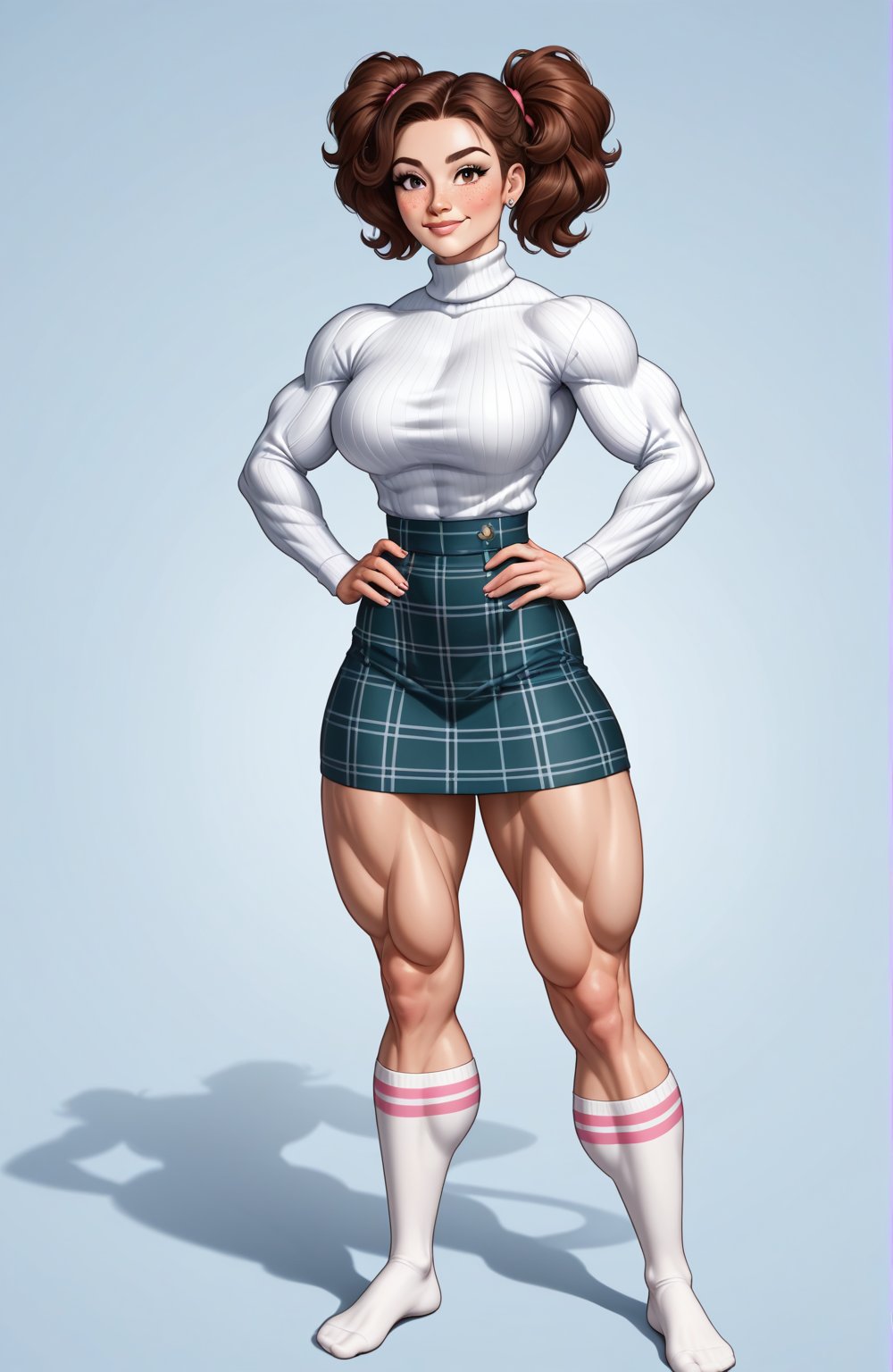 beautiful toned woman, perfect hourglass muscle body, longsleeve turtleneck sweater, plaid skirt, thigh high socks, busty, big hentai breasts, nice ass, missveins, vascular, thick dark veins, toned muscular arms, thick muscular legs with big quadriceps, female muscle, dreamymuscle, low body fat percentage, beautiful face, smart black hair, freckles, rosy blushed cheeks, feminine pelvis, female anatomy, female bone structure, perfect eyes, soft pristine skin, cheek dimples, standing stoically, hands on hips, superior, elegance, erotic scene