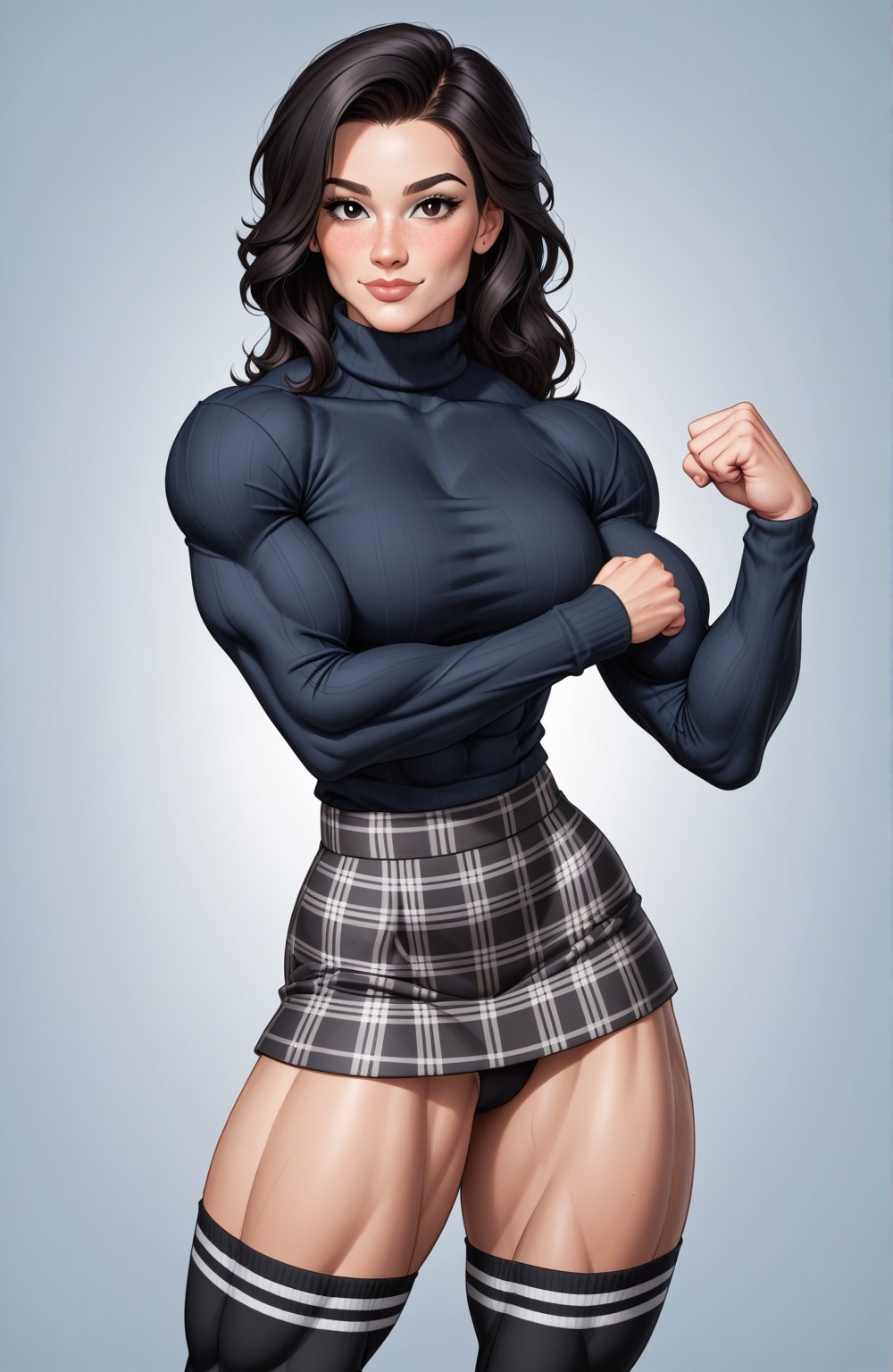 beautiful toned girl, perfect hourglass muscle body, longsleeve turtleneck sweater, plaid skirt, thigh high socks, busty, big hentai breasts, nice ass, missveins, vascular, thick dark veins, muscular arms, muscular legs, defined quadriceps, female muscle, dreamymuscle, low body fat percentage, beautiful face, smart black hair, freckles, rosy blushed cheeks, feminine pelvis, female anatomy, female bone structure, perfect eyes, soft pristine skin, cheek dimples, standing stoically, flexing arms, superior, elegance, erotic scene