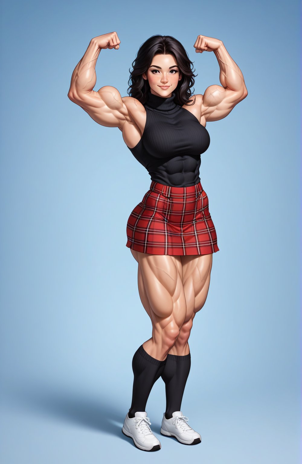 beautiful toned girl, perfect hourglass muscle body, sleeveless turtleneck sweater, plaid skirt, thigh high socks, busty, big hentai breasts, nice ass, missveins, vascular, thick dark veins, muscular arms, muscular legs, defined quadriceps, female muscle, dreamymuscle, low body fat percentage, beautiful face, smart black hair, freckles, rosy blushed cheeks, feminine pelvis, female anatomy, female bone structure, perfect eyes, soft pristine skin, cheek dimples, standing stoically, flexing arms, superior, elegance, erotic scene