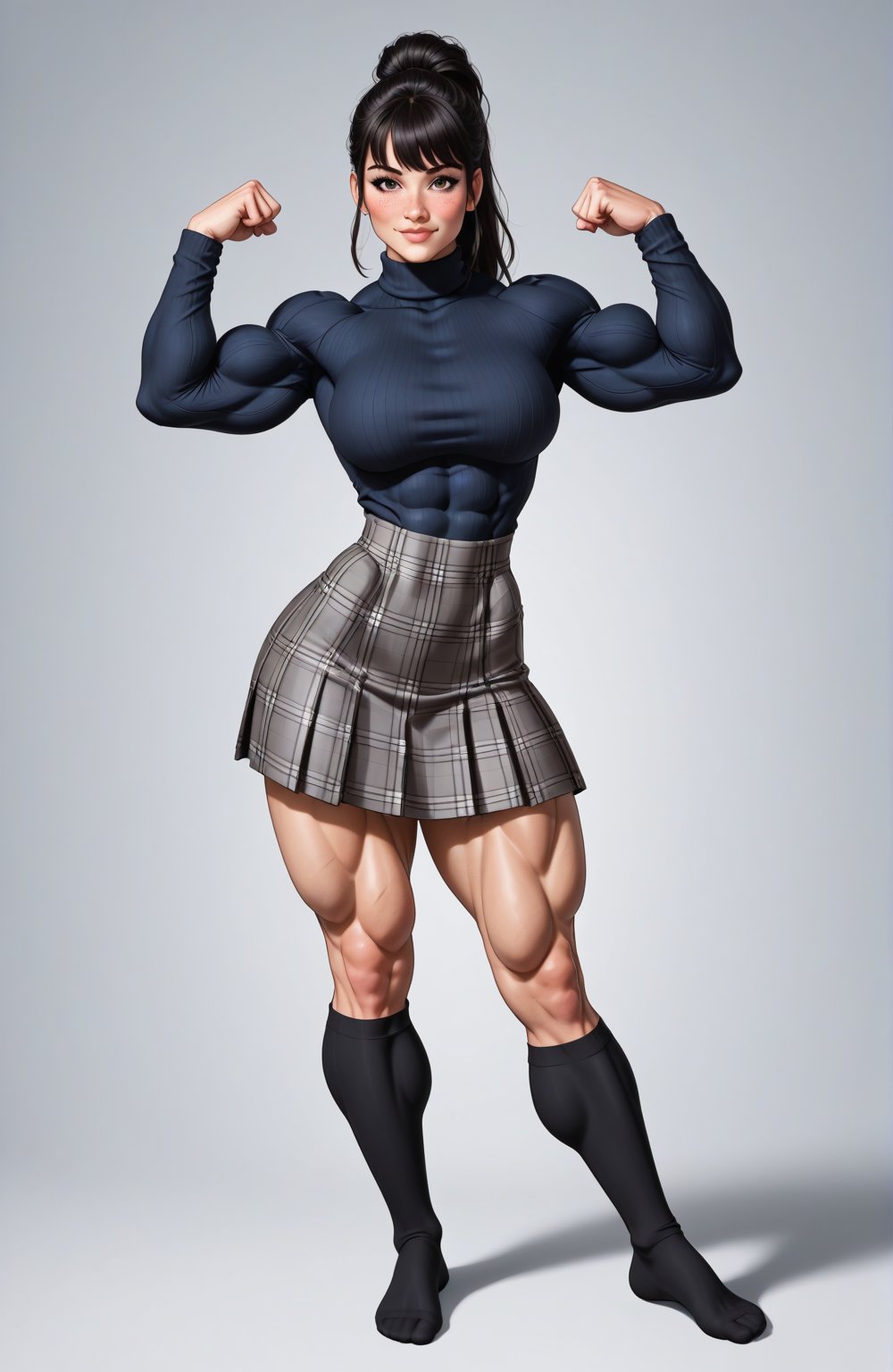 beautiful toned woman, perfect hourglass muscle body, longsleeve turtleneck sweater, plaid skirt, thigh high socks, busty, big hentai breasts, nice ass, female muscle, dreamymuscle, beautiful face, longe black hair with fringe, missveins, vascular, thick dark veins, toned muscular arms, thick muscular legs with big quadriceps, low body fat percentage, freckles, rosy blushed cheeks, feminine pelvis, female anatomy, female bone structure, perfect eyes, soft pristine skin, cheek dimples, standing stoically, flexing arms, superior, elegance, erotic scene