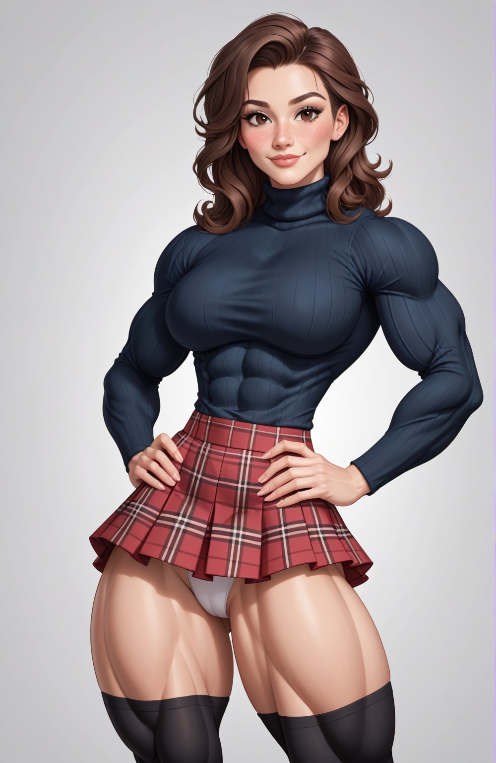 beautiful toned woman, perfect hourglass muscle body, longsleeve turtleneck sweater, plaid skirt, thigh high socks, busty, big hentai breasts, nice ass, female muscle, dreamymuscle, beautiful face, wavy dark brown hair, missveins, vascular, thick dark veins, toned muscular arms, thick muscular legs with big quadriceps, low body fat percentage, freckles, rosy blushed cheeks, feminine pelvis, female anatomy, female bone structure, perfect eyes, soft pristine skin, cheek dimples, standing stoically, hands on hips, superior, elegance, erotic scene