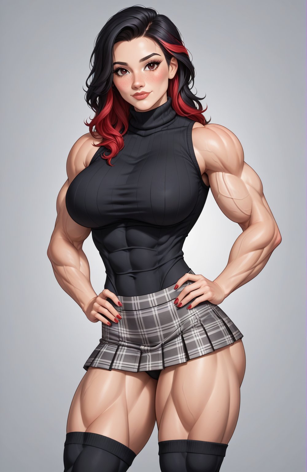 beautiful toned girl, perfect hourglass muscle body, sleeveless turtleneck sweater, plaid skirt, thigh high socks, womens loafers, busty, big hentai breasts, nice ass, missveins, vascular, thick dark veins, muscular arms, muscular legs, female muscle, dreamymuscle, low body fat percentage, beautiful face, black hair with red highlights, freckles, rosy blushed cheeks, feminine pelvis, female anatomy, female bone structure, perfect eyes, soft pristine skin, cheek dimples, superior, elegance, erotic scene