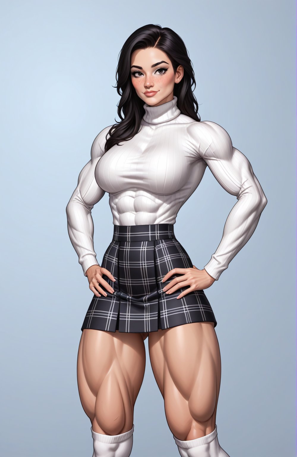 beautiful toned woman, perfect hourglass muscle body, longsleeve turtleneck sweater, plaid skirt, thigh high socks, busty, big hentai breasts, nice ass, missveins, vascular, thick dark veins, toned muscular arms, thick muscular legs with big quadriceps, beautiful face, black hair, female muscle, dreamymuscle, low body fat percentage, freckles, rosy blushed cheeks, feminine pelvis, female anatomy, female bone structure, perfect eyes, soft pristine skin, cheek dimples, standing stoically, hands on hips, superior, elegance, erotic scene