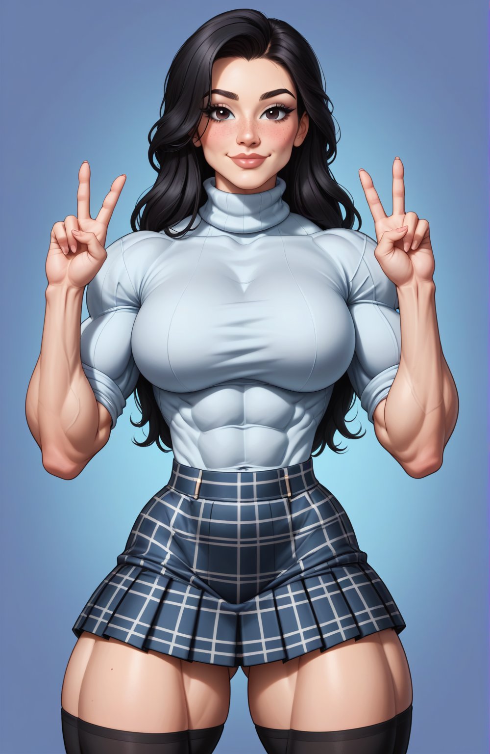 beautiful toned woman, perfect hourglass muscle body, longsleeve turtleneck sweater, plaid skirt, thigh high socks, busty, big hentai breasts, nice ass, female muscle, dreamymuscle, beautiful face, long black hair, missveins, vascular, thick dark veins, toned muscular arms, thick muscular legs with big quadriceps, low body fat percentage, freckles, rosy blushed cheeks, feminine pelvis, female anatomy, female bone structure, perfect eyes, cheek dimples, stoic feminine posture, double peace sign, superior, elegance, erotic scene