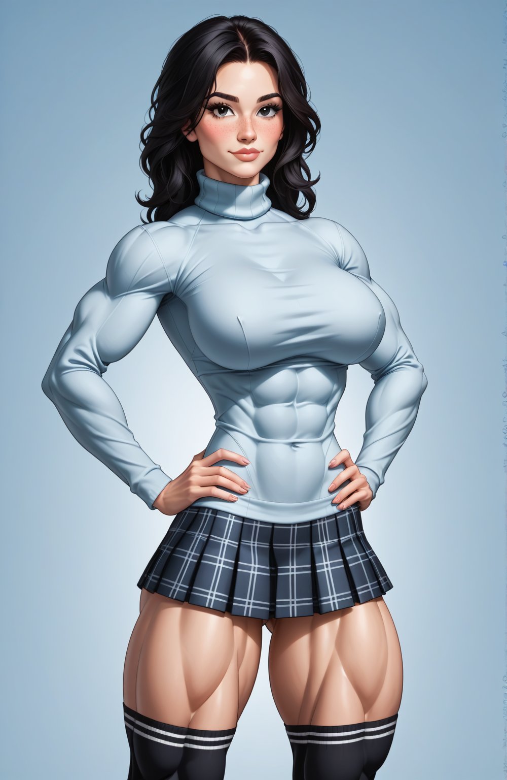 beautiful toned girl, perfect hourglass muscle body, longsleeve turtleneck sweater, plaid skirt, thigh high socks, busty, big hentai breasts, nice ass, missveins, vascular, thick dark veins, muscular arms, muscular legs, defined quadriceps, veiny quadriceps, quadricep veins, female muscle, dreamymuscle, low body fat percentage, beautiful face, smart black hair, freckles, rosy blushed cheeks, feminine pelvis, female anatomy, female bone structure, perfect eyes, soft pristine skin, cheek dimples, standing stoically, hands on hips, superior, elegance, erotic scene