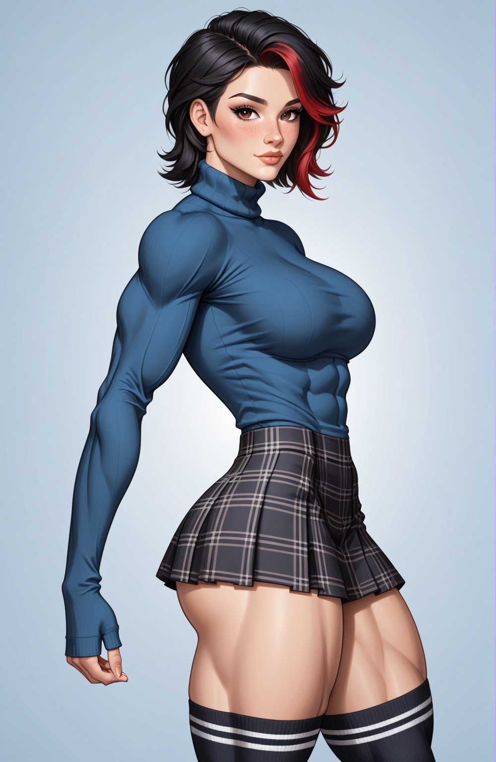 beautiful toned girl, perfect hourglass muscle body, longsleeve turtleneck sweater, plaid skirt, thigh high socks, busty, big hentai breasts, nice ass, missveins, vascular, thick dark veins, muscular arms, muscular legs, female muscle, dreamymuscle, low body fat percentage, beautiful face, black hair with red highlights, freckles, rosy blushed cheeks, feminine pelvis, female anatomy, female bone structure, perfect eyes, soft pristine skin, cheek dimples, superior, elegance, erotic scene