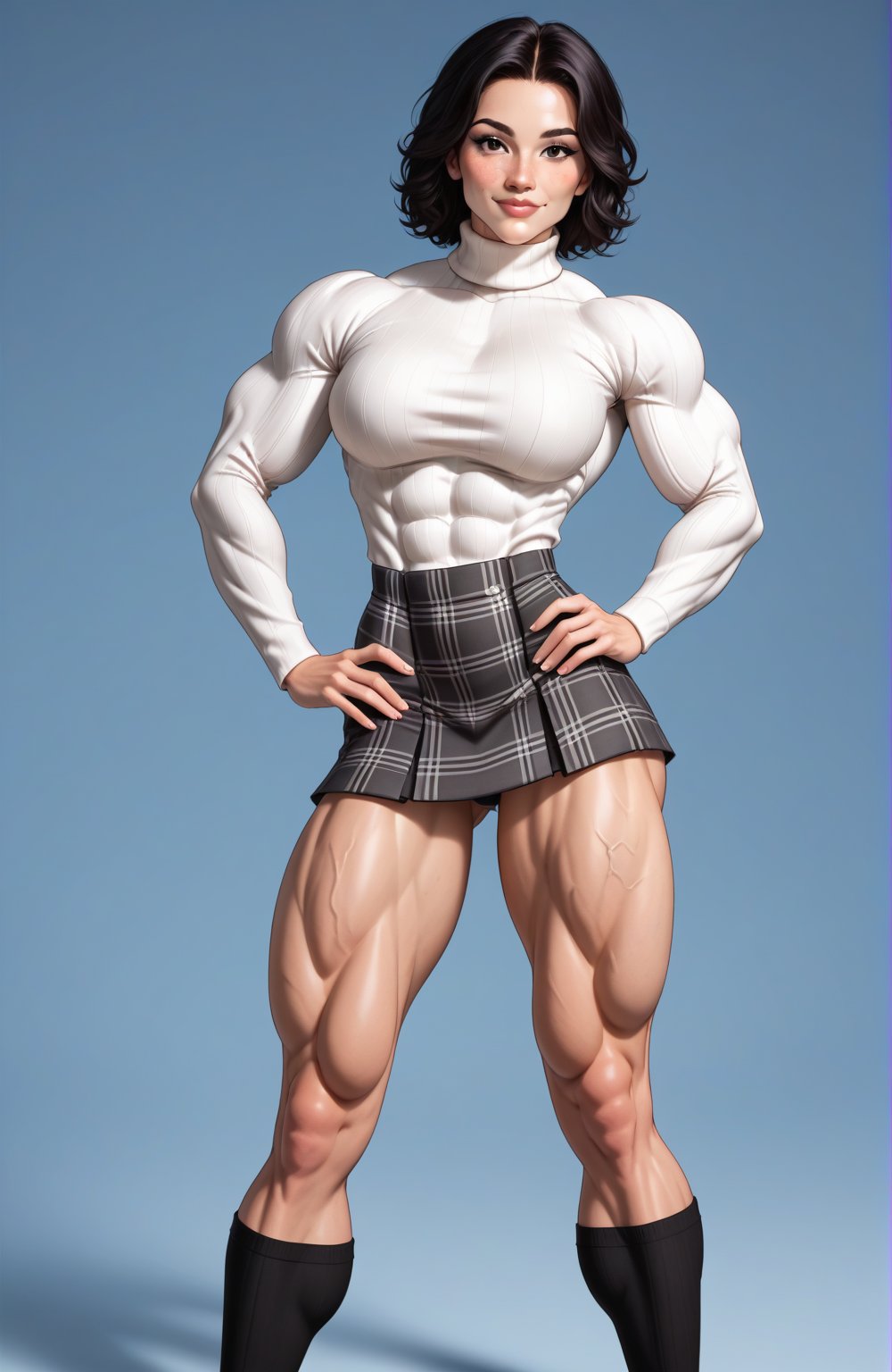 beautiful toned girl, perfect hourglass muscle body, longsleeve turtleneck sweater, plaid skirt, thigh high socks, busty, big hentai breasts, nice ass, missveins, vascular, thick dark veins, toned muscular arms, beefy muscular legs, defined veiny quadriceps, female muscle, dreamymuscle, low body fat percentage, beautiful face, smart black hair, freckles, rosy blushed cheeks, feminine pelvis, female anatomy, female bone structure, perfect eyes, soft pristine skin, cheek dimples, standing stoically, hands on hips , superior, elegance, erotic scene