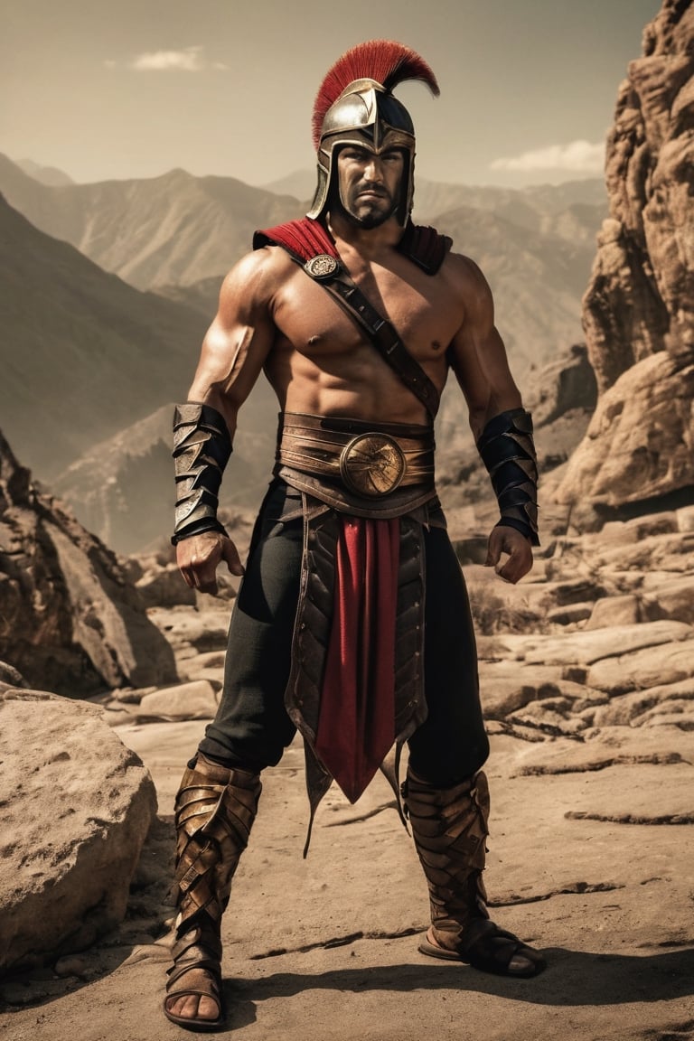 photorealistic photo of a rugged spartan, mid-legth hair, heroic pose, Dungeos & Dragons composition, full body.
mortal kombat character,
8k,More Detail. DVD 1960's movie scene coomposition, RPG, fantasy,