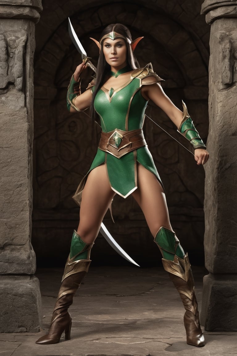 photorealistic photo of a elf woman, mid-legth hair, heroic pose, Dungeos & Dragons composition, full body.
mortal kombat character,
8k,More Detail. DVD 1960's movie scene coomposition, RPG, fantasy,