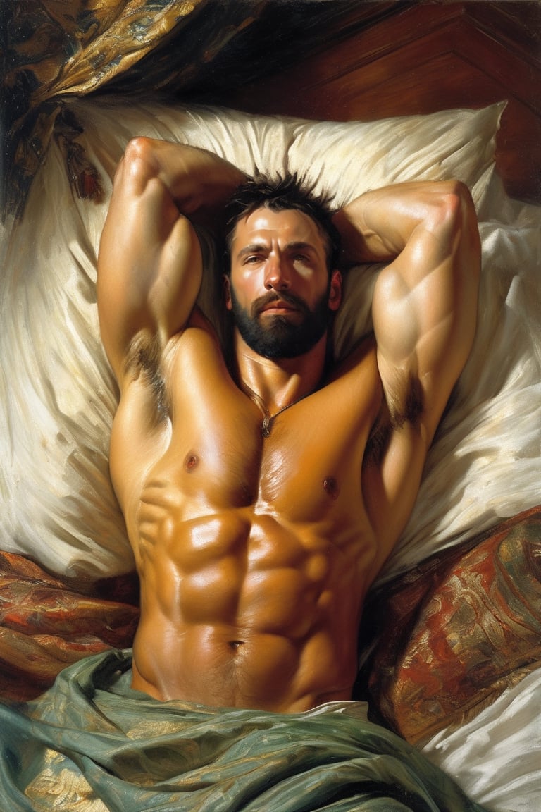 realistic oil paiting of a rugged man laying down on bed, hard brushes, Huge biceps, huge pecs, muscled, virile, bearded, shirtless, hairy chest, (Oil painting by Donato Giancola, Anders Zorn and Sir Lawrence Alma - Tadema, Carravagio),greg rutkowski. masterpiece:1.5, best quality, view from above, dramatical light, 