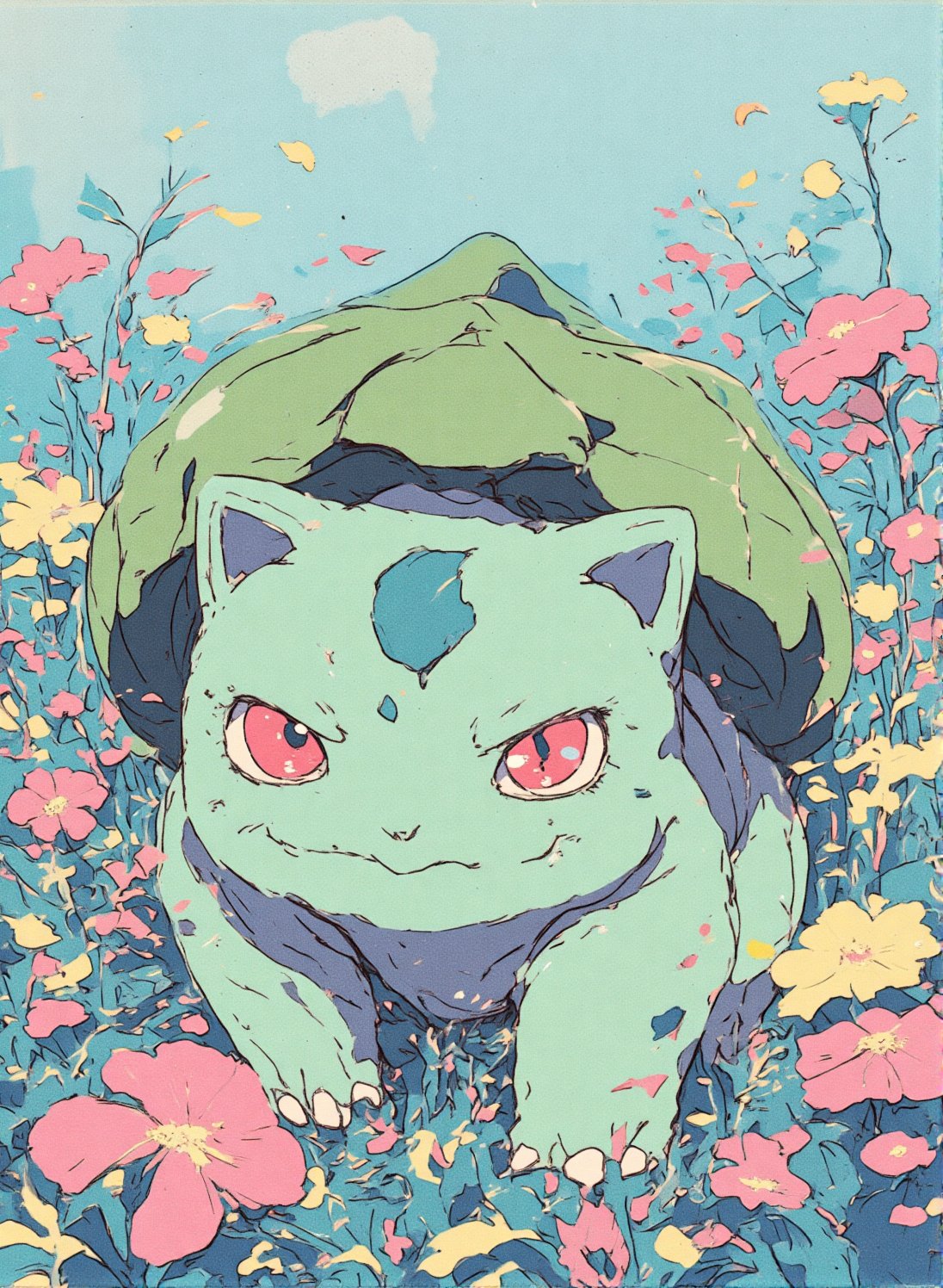 Bulbasaur in 1990s anime style,  with bold outlines and vibrant colors. Set in a lush meadow,  surrounded by flowers by ZH...