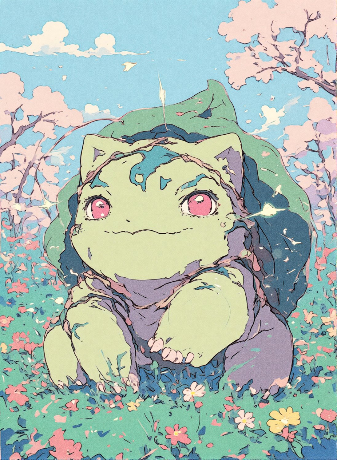 A cheerful Bulbasaur designed in the style of 1990s anime,  with bold outlines,  soft shading by ZHONGLI on Tensor.Art