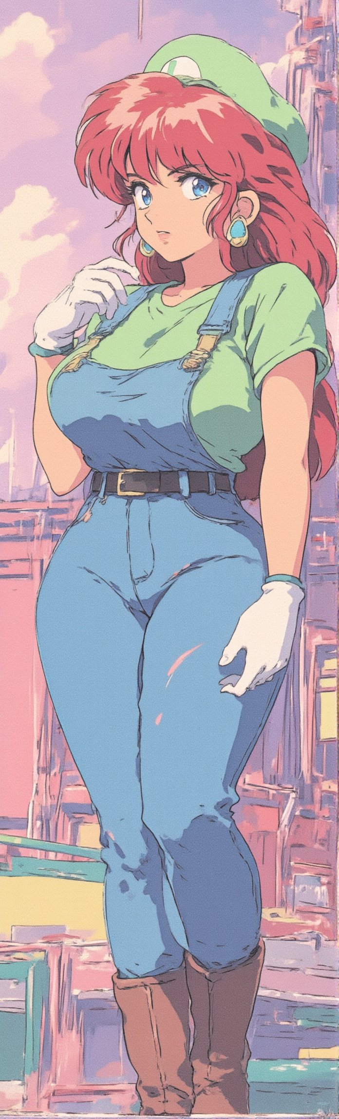 A detailed artwork of Princess Daisy wearing blue overalls, a lime green t-shirt, and Luigi's lime green cap. She has auburn hair and a curvy, hourglass figure, styled in a retro anime art form inspired by the 80s and 90s aesthetic. The scene captures her in a playful, confident pose, with soft pastel tones and bold outlines, reminiscent of classic anime while giving a fresh and unique twist to her video game appearance