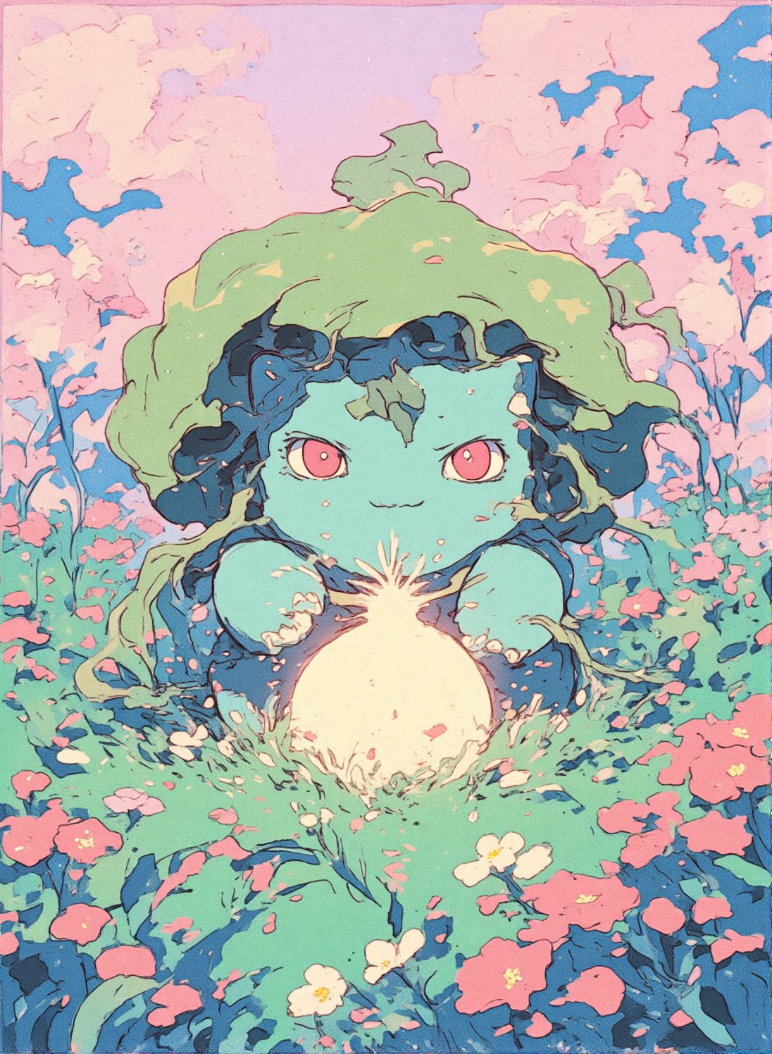 A cheerful Bulbasaur designed in the style of 1990s anime,  with bold outlines,  soft shading by ZHONGLI on Tensor.Art