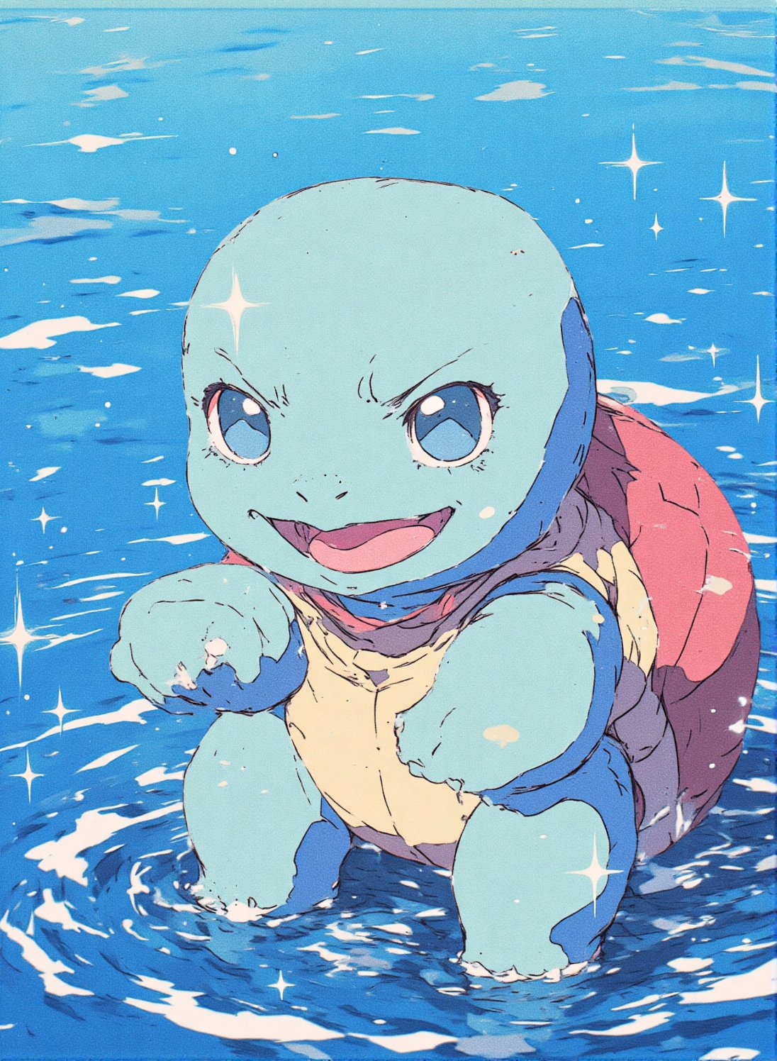 Squirtle in 1990s anime style,  with bold outlines and vibrant colors. Set near a sparkling lake or ocean,  featuring gent...