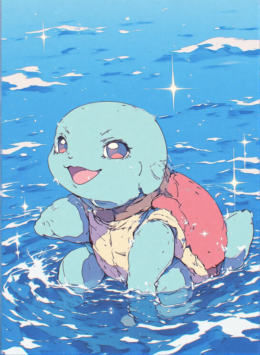 Squirtle in 1990s anime style,  with bold outlines and vibrant colors. Set near a sparkling lake or ocean,  featuring gent...