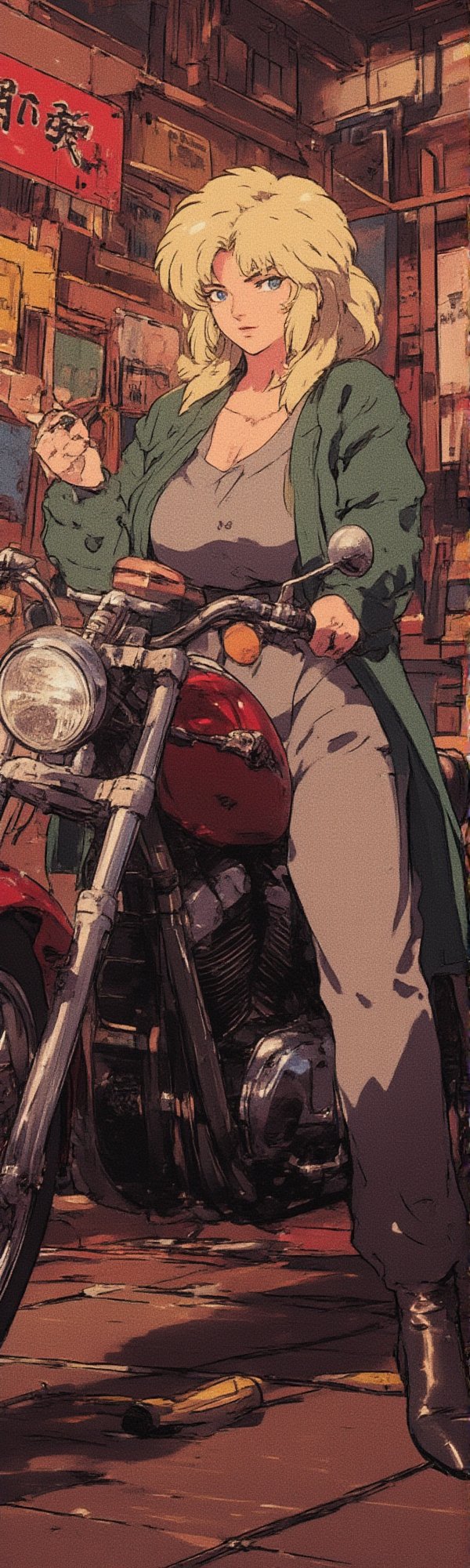 A retro-inspired scene featuring Tsunade, the confident and powerful kunoichi with her iconic yellow hair, expressive and captivating eyes, and an intense gaze, posing on a striking Boss Hoss motorcycle for a photoshoot. Tsunade is wearing her classic Hidden Leaf ninja dress, with her green jacket over her gray kimono-style top and loose pants that highlight her hourglass figure. The background is a garage filled with vintage tools, old signs, and rustic elements, creating a rugged yet glamorous atmosphere with soft lighting that complements the motorcycle's bold, powerful presence