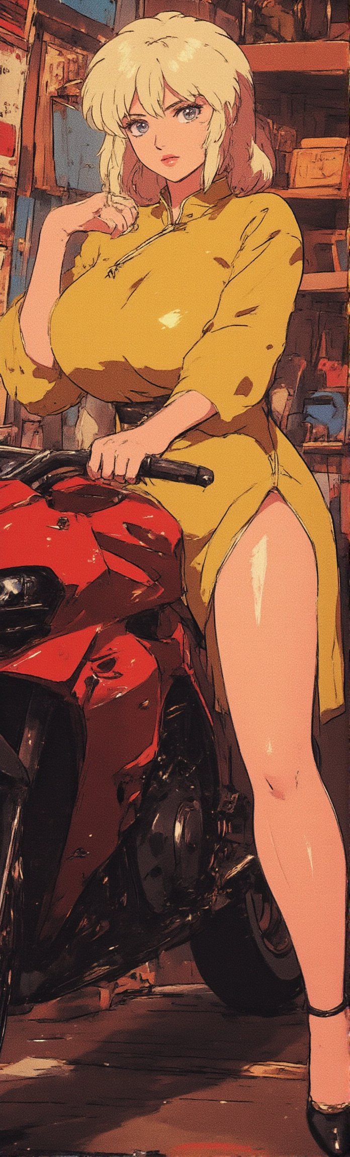 A retro-inspired scene featuring Tsunade, the confident and powerful kunoichi with her iconic yellow hair, expressive and captivating eyes, and an intense gaze, posing on a striking futuristic superbike for a photoshoot. Tsunade is wearing a stunning yellow cheongsam dress that beautifully highlights her curvy figure, showcasing her legs and midriff with elegant slits, blending traditional style with a modern, daring twist. The background is a garage filled with vintage tools, old signs, and rustic elements, creating a unique mix of retro and futuristic vibes, with soft lighting that enhances both her striking outfit and the sleek design of the superbike.