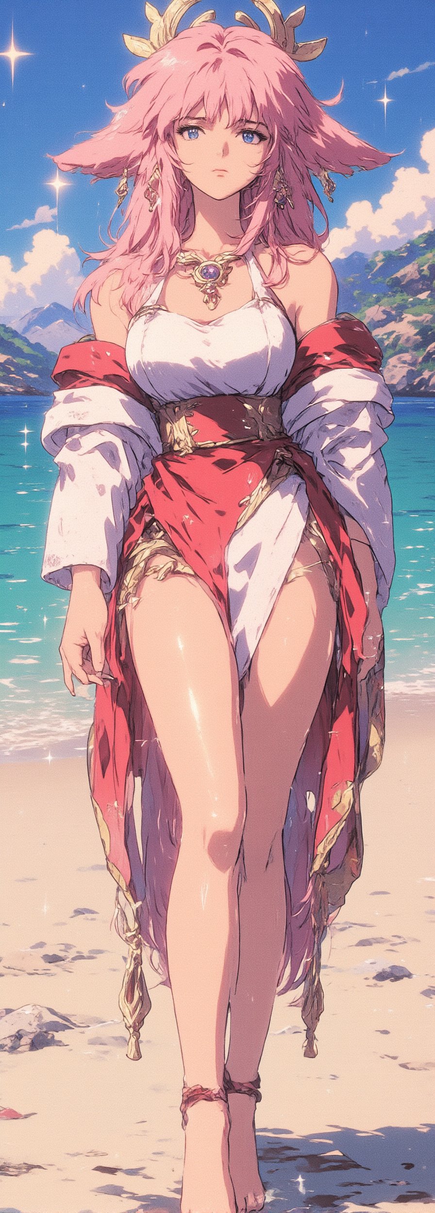 Create a retro anime-style image of Yae Miko from Genshin Impact, wearing a stylish bikini at the beach. She has a tall, elegant, and curvy figure with long, flowing pink hair that cascades gracefully, framed by soft bangs. Her bikini is a vibrant mix of crimson and white, accented with gold details that echo her traditional shrine maiden attire, but with a modern, playful twist. The bikini highlights her curvy, slender form, with intricate electro sigil patterns. Yae’s sharp, intelligent eyes sparkle with mischief, and her playful expression suits the sunny beach setting. Include her signature fox-shaped accessories and subtle electro-themed details like small, glowing sparks around her. The background features a serene beach with soft sand, clear turquoise waters, and a bright blue sky with a few scattered clouds. Use vivid anime-themed colors, with rich pinks, purples, whites, and golds, blending harmoniously with the tropical blues and sandy tones, capturing her ethereal beauty in this relaxed, sunlit setting.