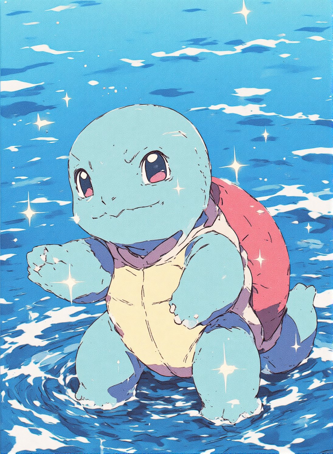 Squirtle in 1990s anime style,  with bold outlines and vibrant colors. Set near a sparkling lake or ocean,  featuring gent...