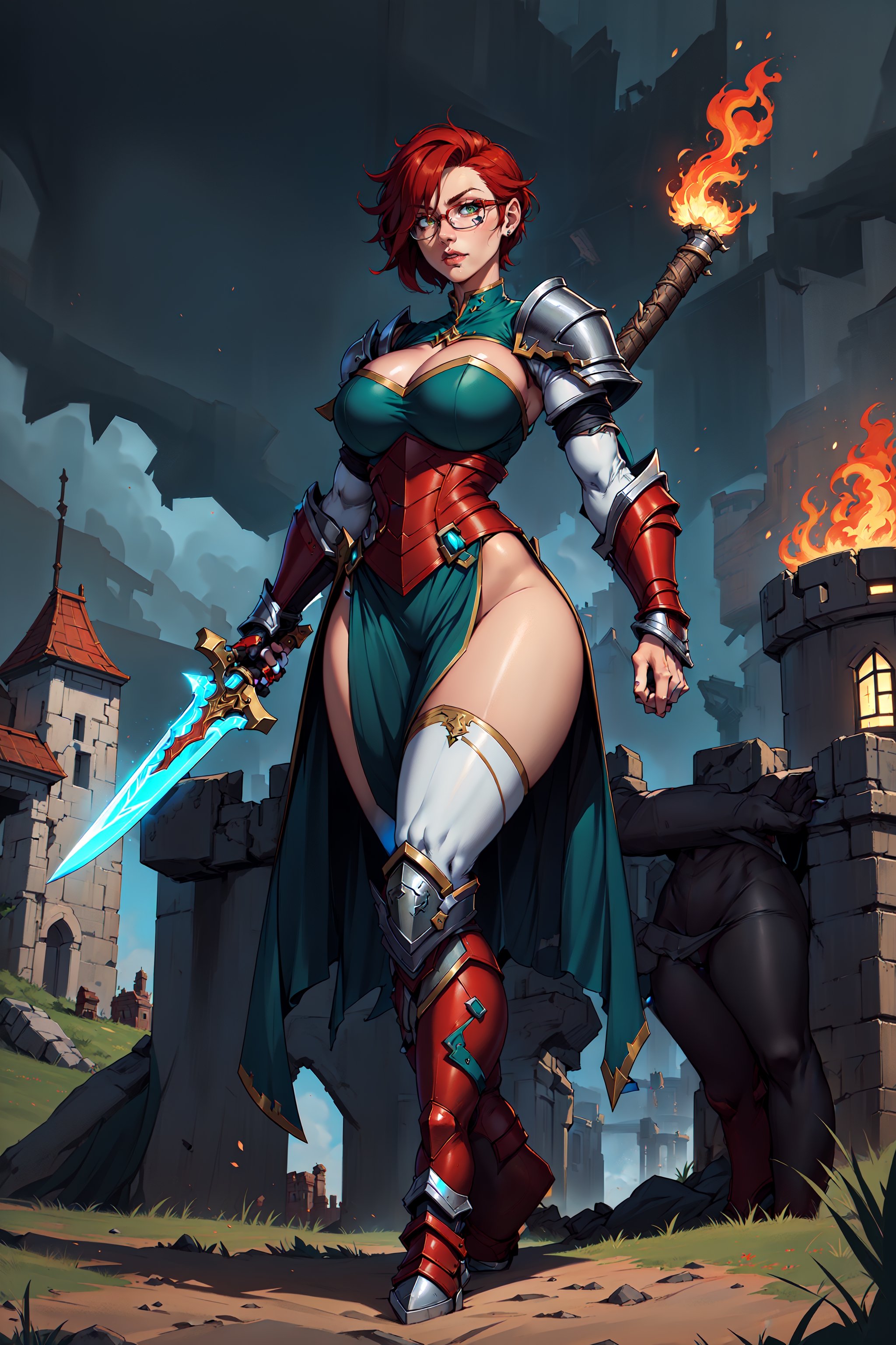 A full-body concept illustration of an athletically thin single female individual in the style of Human 90s Warcraft Armored Mage. She is young. She is below average height and wears the red and white colors of the fictional nation of Stromgarde from the Warcraft franchise. She has fiery red hair and striking intense green eyes. She is wearing the battered heavy full-plate armor of a knight of the Grand Alliance from the Warcraft franchise mixed with the traditional robes of a Mage from the Warcraft franchise. She has large round breasts and a slender waist. She has wide hips and busty thighs. Her fiery red hair is very short. Her fiery red hair is cut close to her head in an extremely short pixie cut. She is wearing large circular glasses. In one hand she is holding a very long sword with a glowing blade. In the other hand she is holding a very large shield with the red armored fist symbol on it. This is the symbol of Stromgarde. Her battered heavy full-plate armor is one size too large. Her armor has armored high-heeled boots. 
She is standing at an angle facing the user in a dynamic and heroic pose in front of a complex and highly detailed background of a brightly lit background of an open field with a castle in the distance,1 girl,complex_background, detailed_background,