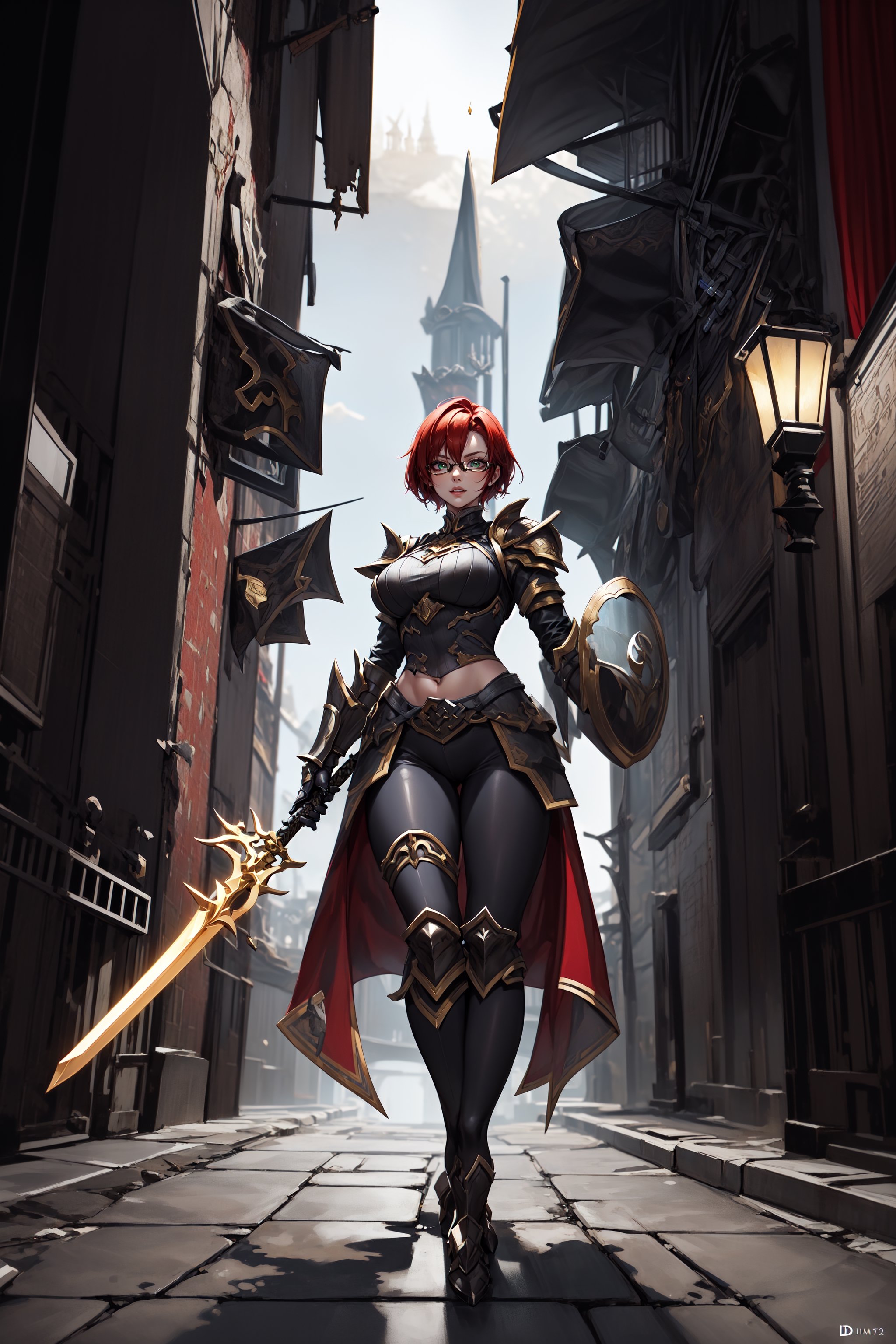 A full-body concept illustration of an athletically thin single female individual in the style of Human 90s Warcraft Armored Mage. She is young. She is below average height and wears the red and white colors of the fictional nation of Stromgarde from the Warcraft franchise. She has fiery red hair and striking intense green eyes. She is wearing the battered heavy full-plate armor of a knight of the Grand Alliance from the Warcraft franchise mixed with the traditional robes of a Mage from the Warcraft franchise. She has large round breasts and a slender waist. She has wide hips and busty thighs. Her fiery red hair is very short. Her fiery red hair is cut close to her head in an extremely short pixie cut. She is wearing large circular glasses. In one hand she is holding a very long sword with a glowing blade. In the other hand she is holding a very large shield with the red armored fist symbol on it. This is the symbol of Stromgarde. Her battered heavy full-plate armor is one size too large. Her armor has armored high-heeled boots. 
She is standing at an angle facing the user in a dynamic and heroic pose in front of a complex and highly detailed background of a brightly lit background of an open field with a castle in the distance,1 girl,complex_background, detailed_background, long_pants