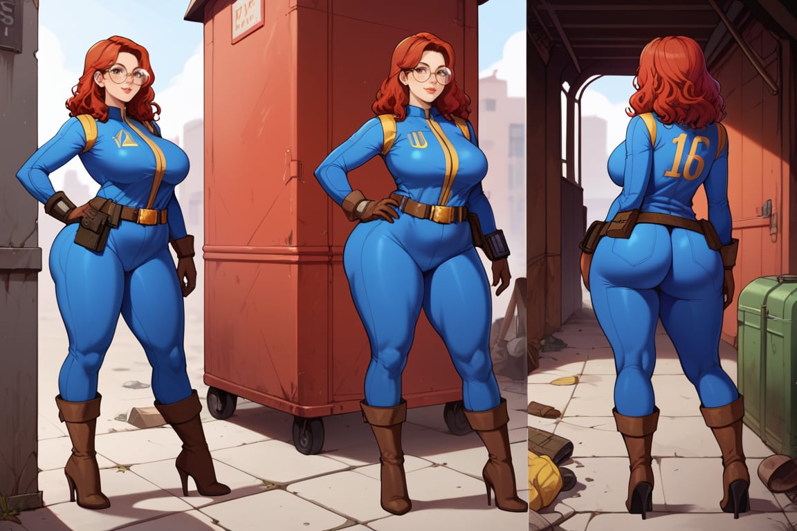 score_9, score_8_up, score_7_up, best quality, masterpiece, 4k, solo_female, full-length_portrait, fully_dressed, fully_clothed, fallout_4, vault_dweller, vault suit, blue vault suit, pipboy, thigh high boots, high heeled boots, brown high heeled boots, yellow vault dweller belt, round glasses, meganekko, curvaceous, plump breasts, huge ass, wide hips, thicc thighs, loose belt, loose belt around waist, tool belt, brown work gloves, red hair, very long red hair, extra long red hair, red hair past waist, red hair past knees, wavy red hair, freckles, standing,