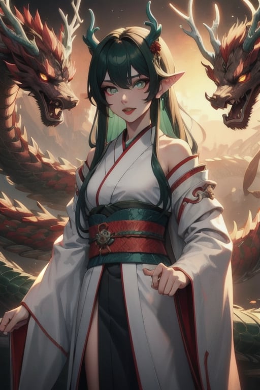 ((best quality)), ((masterpiece)), (detailed), female, sharp eyes, jade, japanese, petite, slender, fangs, petite, pointed ears, long_hair, rosey lips, slit pupils, robes, japanese_dragon, jade_dragon, green scales, dark green hair, glowing eyes, blue pupils, jade eyes, scales, yukata, chinese dragon, branch like horns, antlers, 