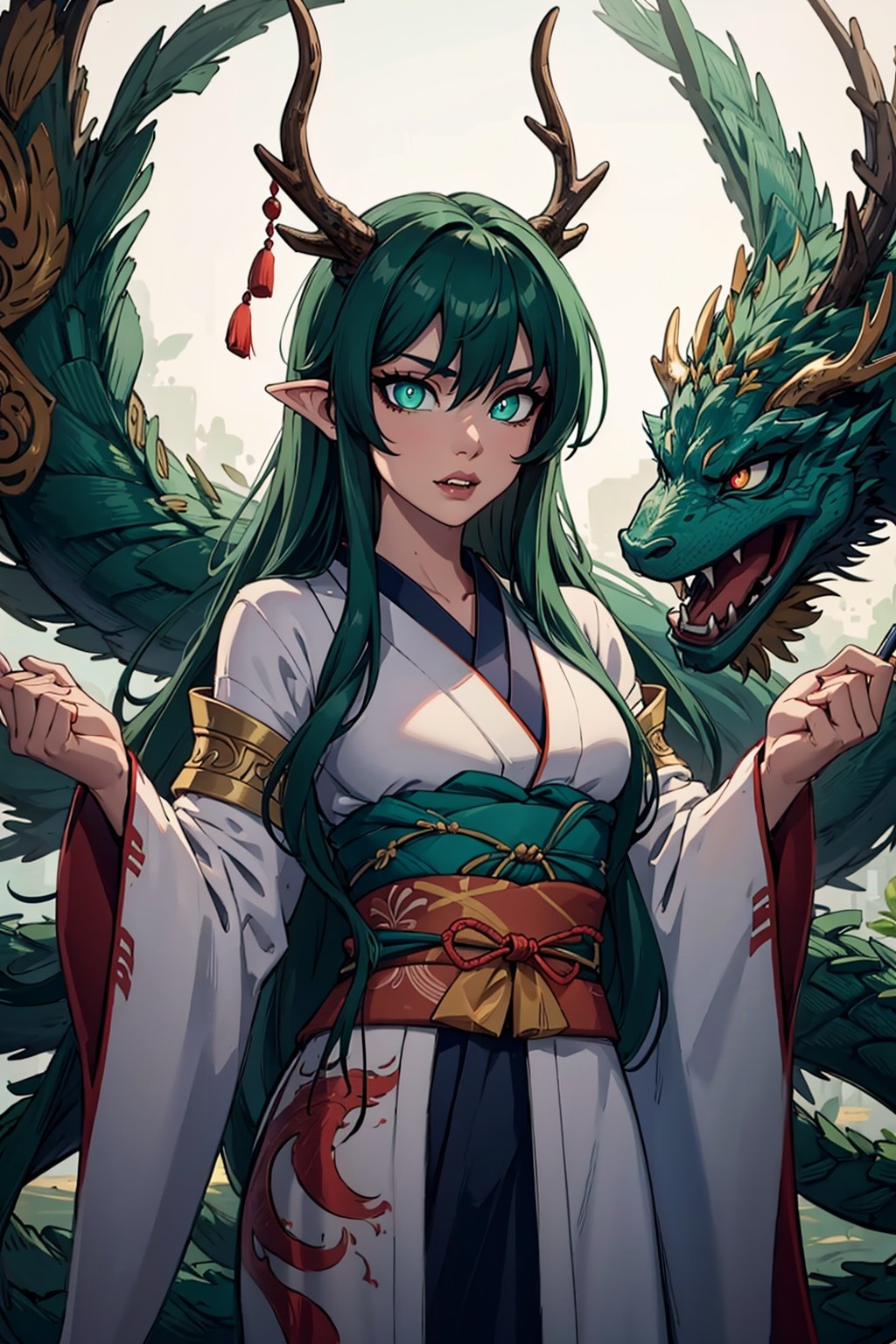 ((best quality)), ((masterpiece)), (detailed), female, sharp eyes, jade, japanese, petite, slender, fangs, petite, pointed ears, long_hair, rosey lips, slit pupils, robes, japanese_dragon, jade_dragon, green scales, dark green hair, glowing eyes, (blue pupils, jade green eyes), scales, yukata, chinese dragon, branch like horns, antlers, IncrsSlitPupil, Detailedface,