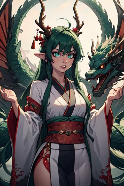 ((best quality)), ((masterpiece)), (detailed), female, sharp eyes, jade, japanese, petite, slender, fangs, petite, pointed ears, long_hair, rosey lips, slit pupils, robes, japanese_dragon, jade_dragon, green scales, dark green hair, glowing eyes, (blue pupils, jade green eyes), scales, yukata, chinese dragon, branch like horns, antlers, IncrsSlitPupil, Detailedface,