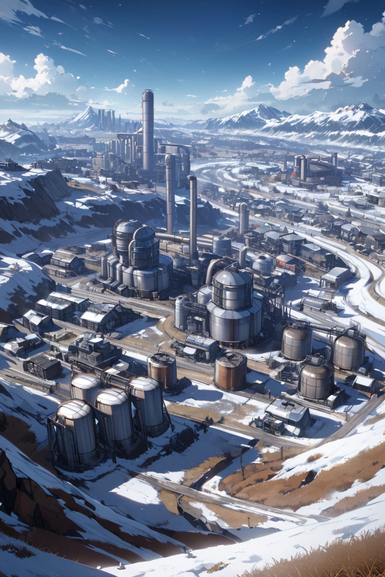 anime coloring, open terrain landscape, sci fi atmosphere, very huge silo with structures alongside, town created around silo. viewed from distance, 