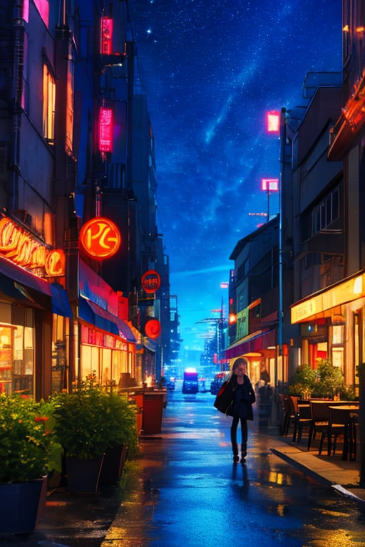  anime coloring, SCI FI city, streets, metal base buildings, futuristic entrances and windows, Hologram girl announces restaurant, semi industrial structures, geometric sky crapers, starships at distance, night sky, neon lights, holografic anouncements,glimmer