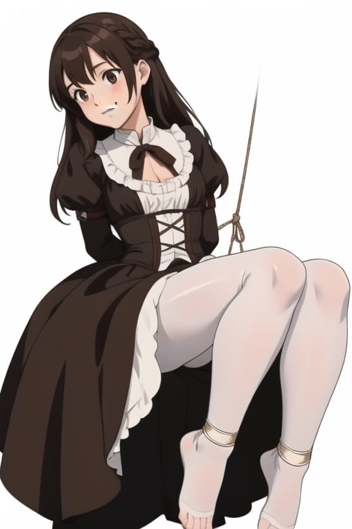 girl tied, hands tied behind back, bondage, victorian dress, white background,  long hair, brown pantyhose, no shoes, light smile, anime screencap, DETAILED FEET, 