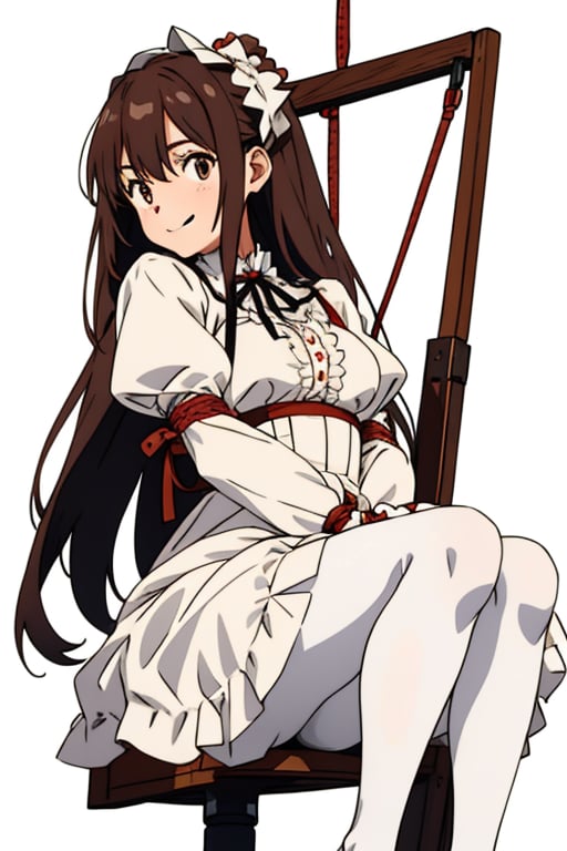 girl tied, hands tied behind back, bondage, victorian dress, white background,  long hair, brown pantyhose, no shoes, light smile, anime screencap, DETAILED FEET, 