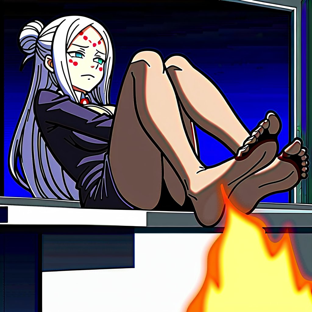 anime screencap, 
Spider demon mother,
 pale skin, long hair, white hair, facial markings, green eyes, fangs, detailed feet correct feet, feet focus
office suit, no shoes, pantyhose, 
tired face, Seat relaxing into chair, feet put in desk , inferno fire, underworld atmosphere, Inferno customer service attend, coffee at hand, corridor, night, 
viewed from side