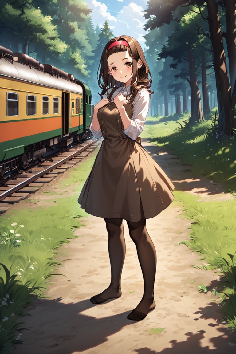 long brown hair, ,TOONO, hairband, no shoes, dress,pantyhose, grass, forest, standing, posing for a photo, light smile. food bastket in floor, afternoon light, GG-1 locomotive train at distance. 