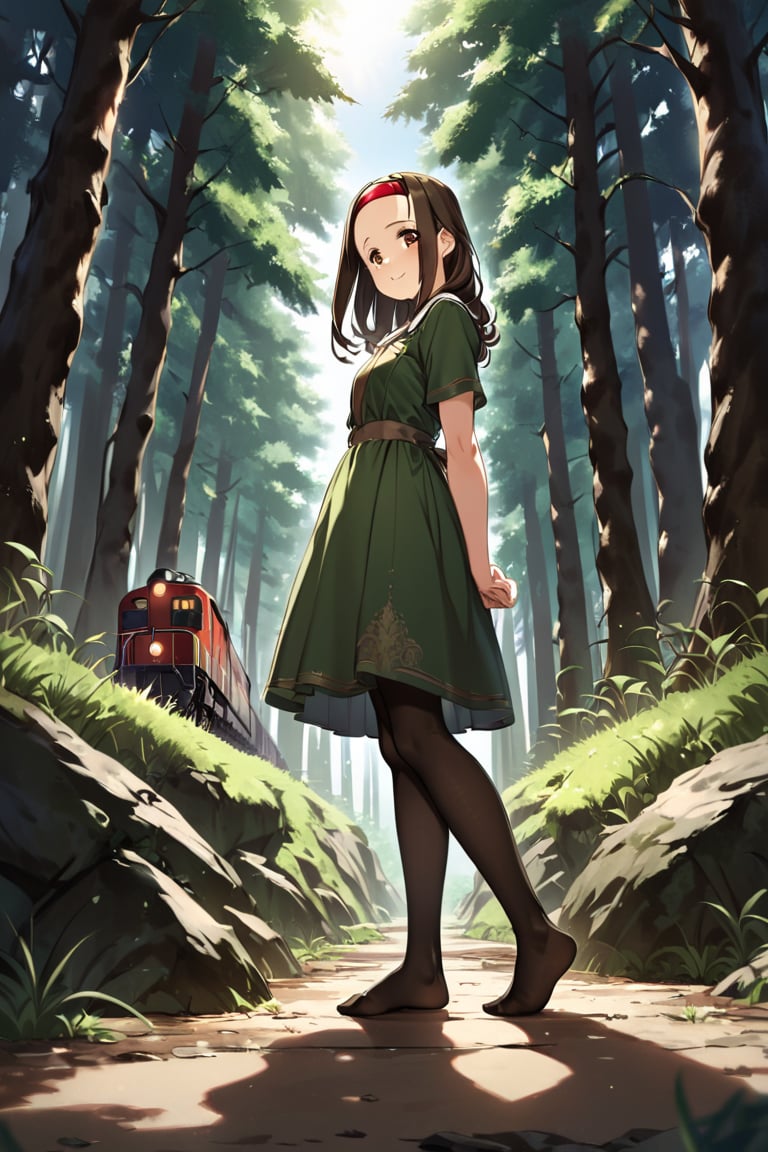 long brown hair, ,TOONO, hairband, forehead, no shoes, dress,pantyhose, grass, forest, standing, posing for a photo, light smile. food bastket in floor, afternoon light, GG-1 locomotive train at distance. viewed from side below, 