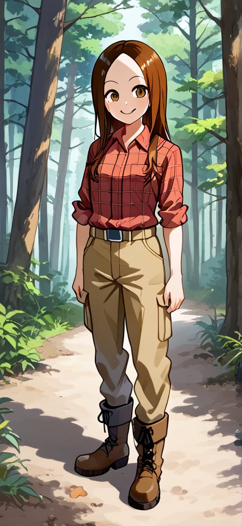 WOOD WORKER, Work Boots, mischiveous smile, Takagi San, longsize_Chainsaw, Forest, heavy Cargo_Truck at distance,  long hair, brown hair, lumberjack plaid shirt , aatakagi